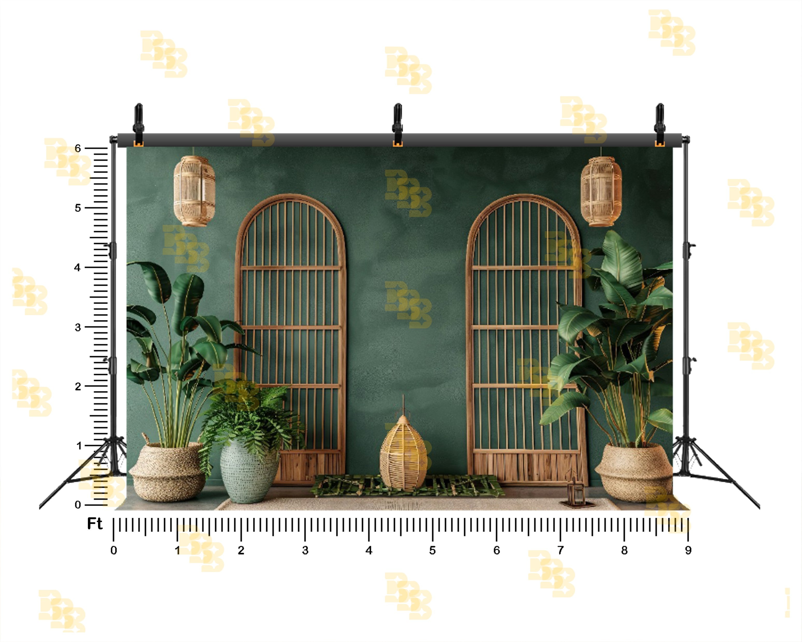 TROPICAL ARCH WINDOW SETUP WITH INDOOR PLANTS AND BAMBOO DECOR BACKDROP FOR PORTRAIT & CONTENT PHOTOGRAPHY