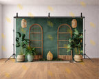 TROPICAL ARCH WINDOW SETUP WITH INDOOR PLANTS AND BAMBOO DECOR BACKDROP FOR PORTRAIT & CONTENT PHOTOGRAPHY