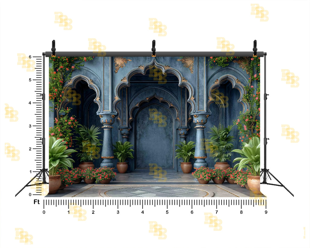 ROYAL BLUE ARCH GARDEN SETUP WITH FLORAL ACCENTS AND INDOOR PLANTS BACKDROP FOR PORTRAIT & EVENT PHOTOGRAPHY