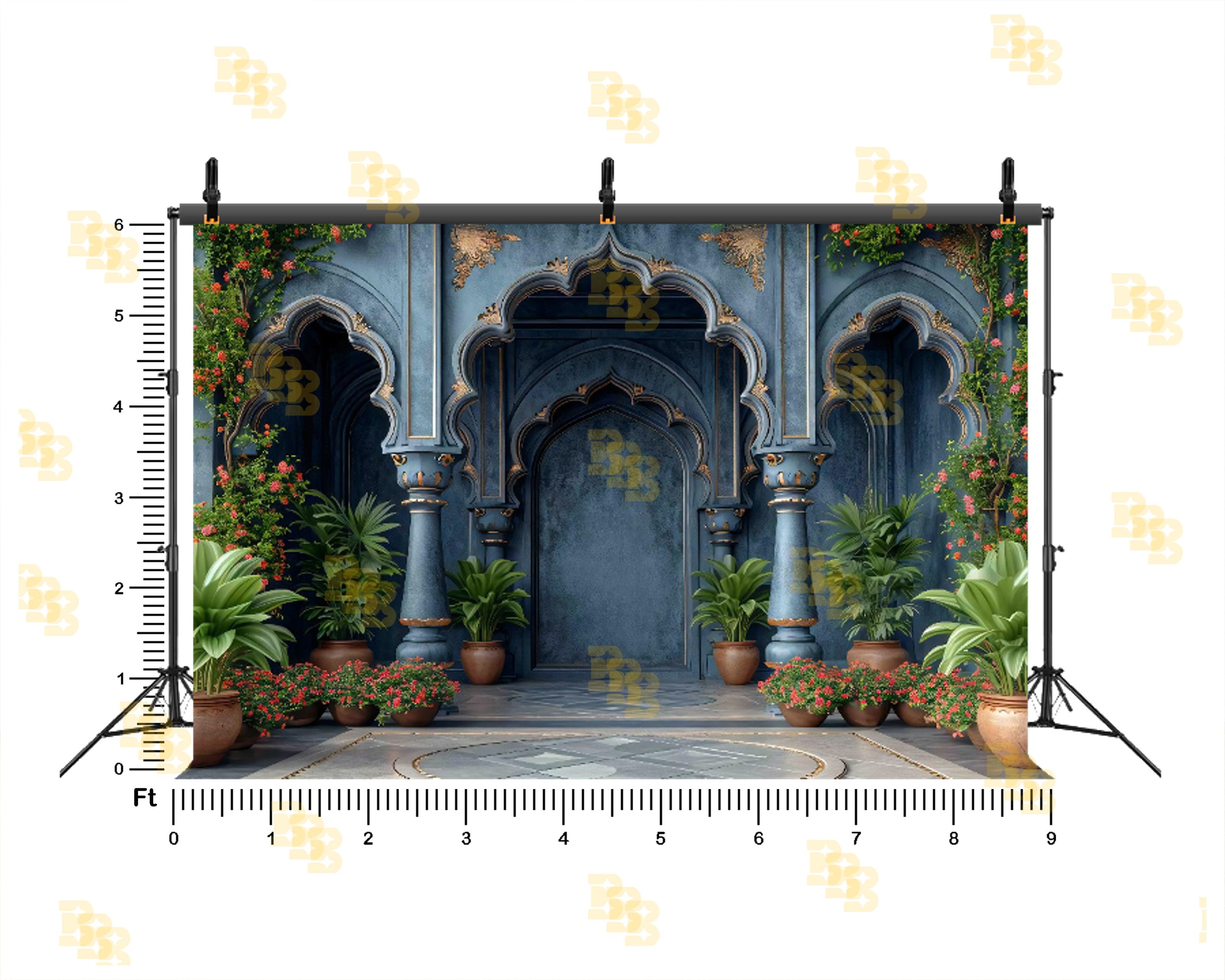 ROYAL BLUE ARCH GARDEN SETUP WITH FLORAL ACCENTS AND INDOOR PLANTS BACKDROP FOR PORTRAIT & EVENT PHOTOGRAPHY