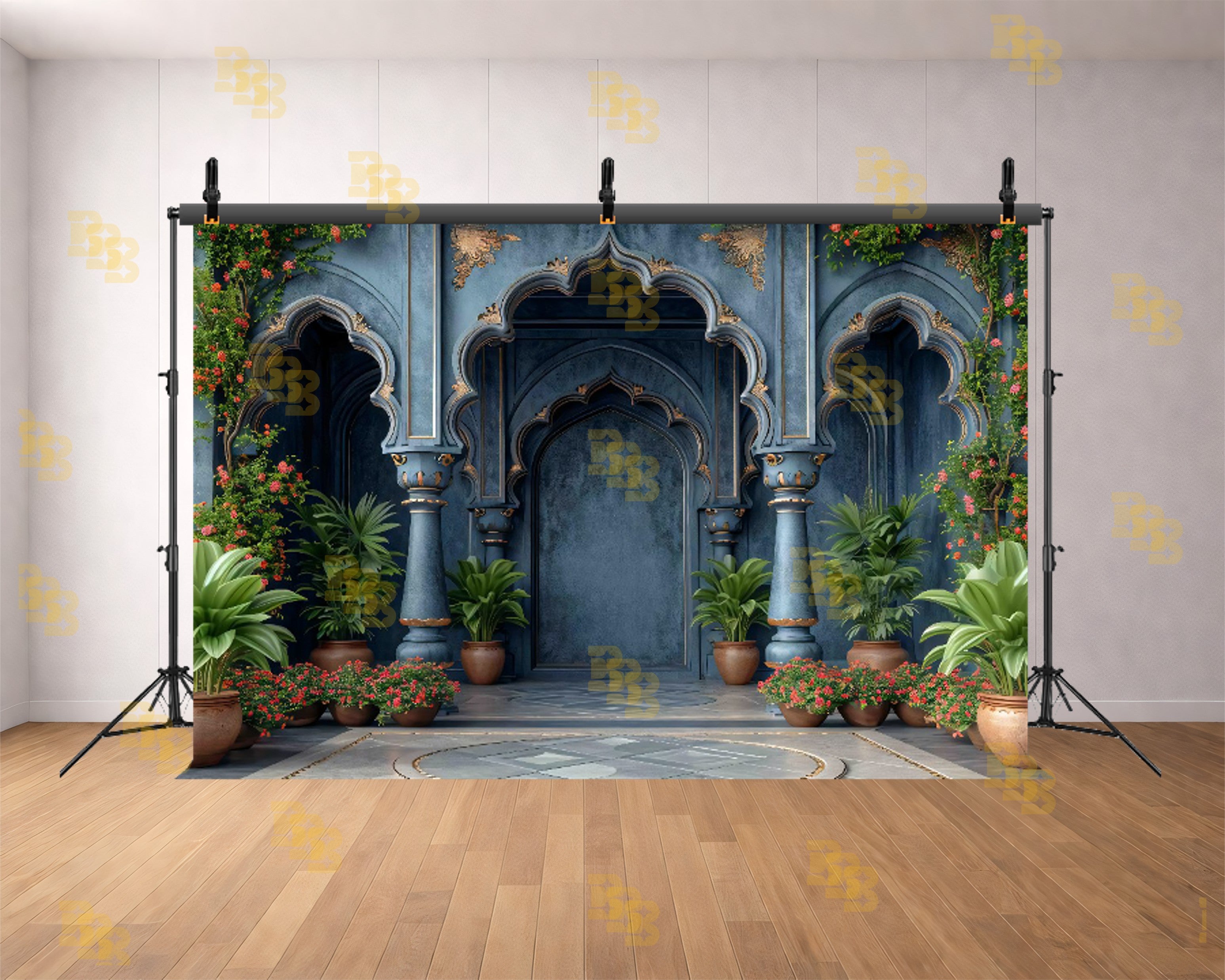 ROYAL BLUE ARCH GARDEN SETUP WITH FLORAL ACCENTS AND INDOOR PLANTS BACKDROP FOR PORTRAIT & EVENT PHOTOGRAPHY