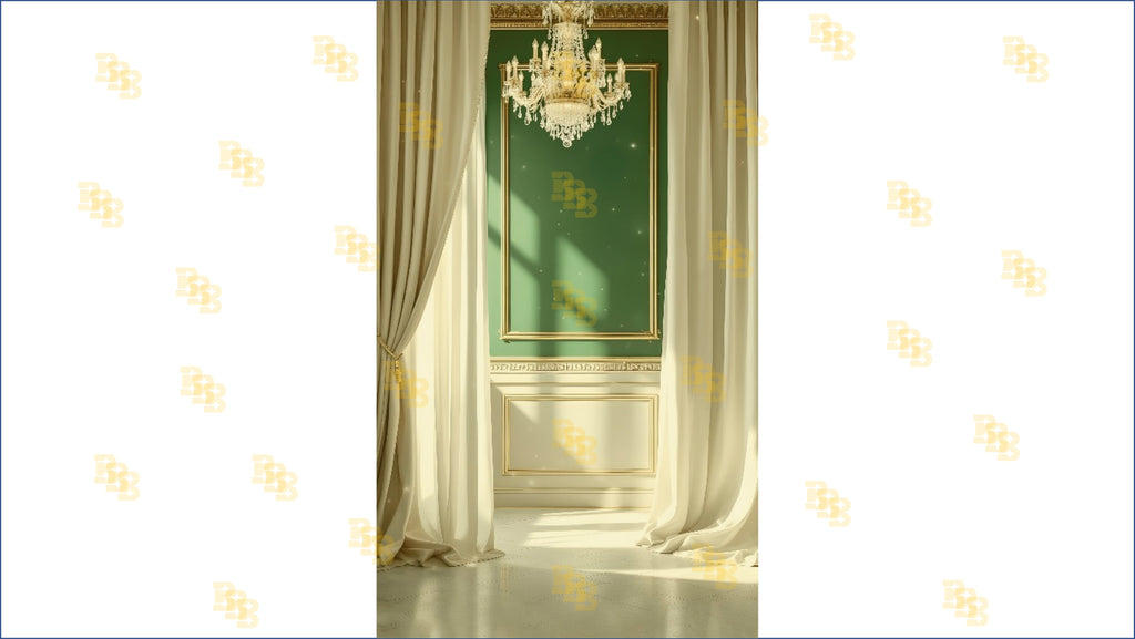 ELEGANT GREEN PANEL WITH CHANDELIER AND DRAPES BACKDROP FOR BOUTIQUE & PORTRAIT PHOTOGRAPHY