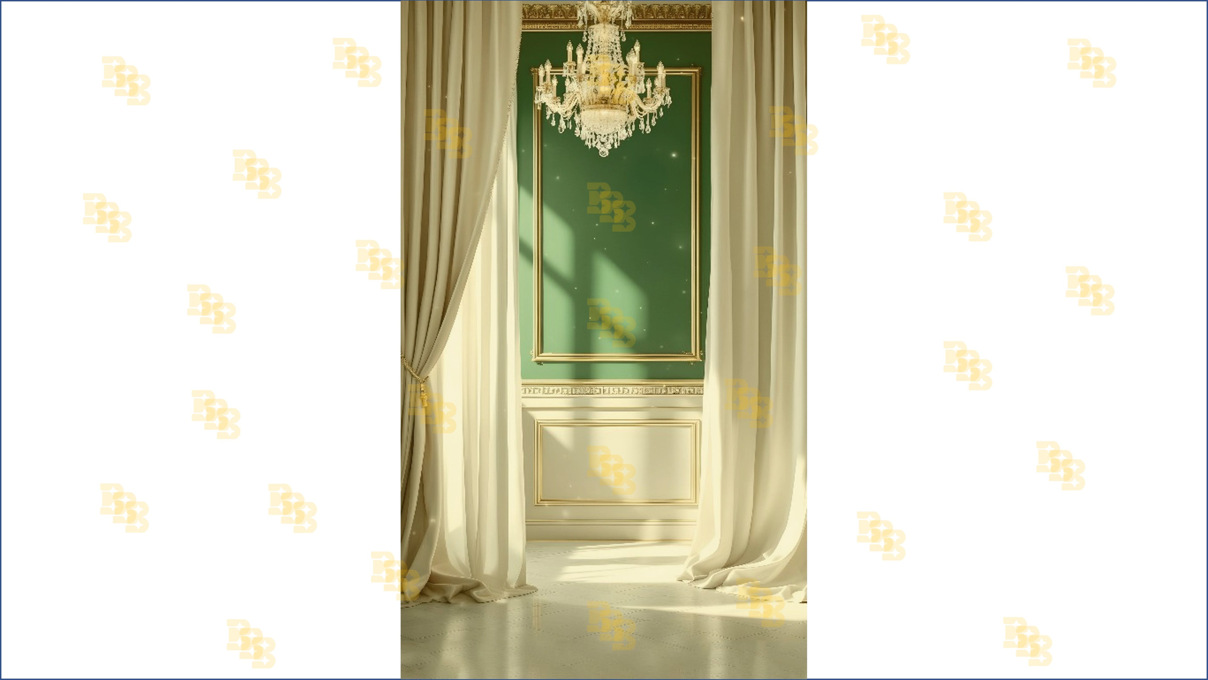 ELEGANT GREEN PANEL WITH CHANDELIER AND DRAPES BACKDROP FOR BOUTIQUE & PORTRAIT PHOTOGRAPHY