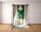 ELEGANT GREEN PANEL WITH CHANDELIER AND DRAPES BACKDROP FOR BOUTIQUE & PORTRAIT PHOTOGRAPHY