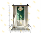ELEGANT GREEN PANEL WITH CHANDELIER AND DRAPES BACKDROP FOR BOUTIQUE & PORTRAIT PHOTOGRAPHY