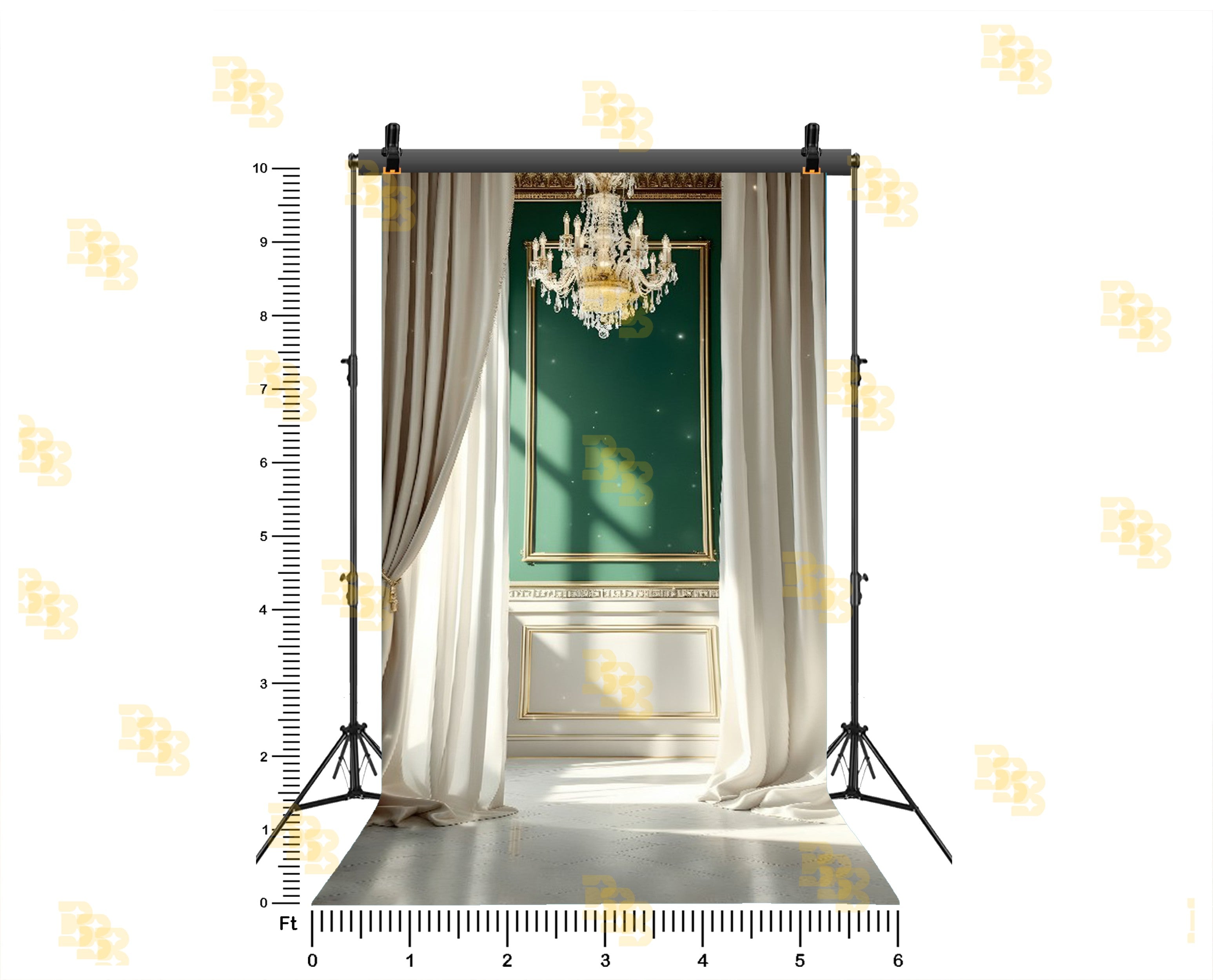 ELEGANT GREEN PANEL WITH CHANDELIER AND DRAPES BACKDROP FOR BOUTIQUE & PORTRAIT PHOTOGRAPHY