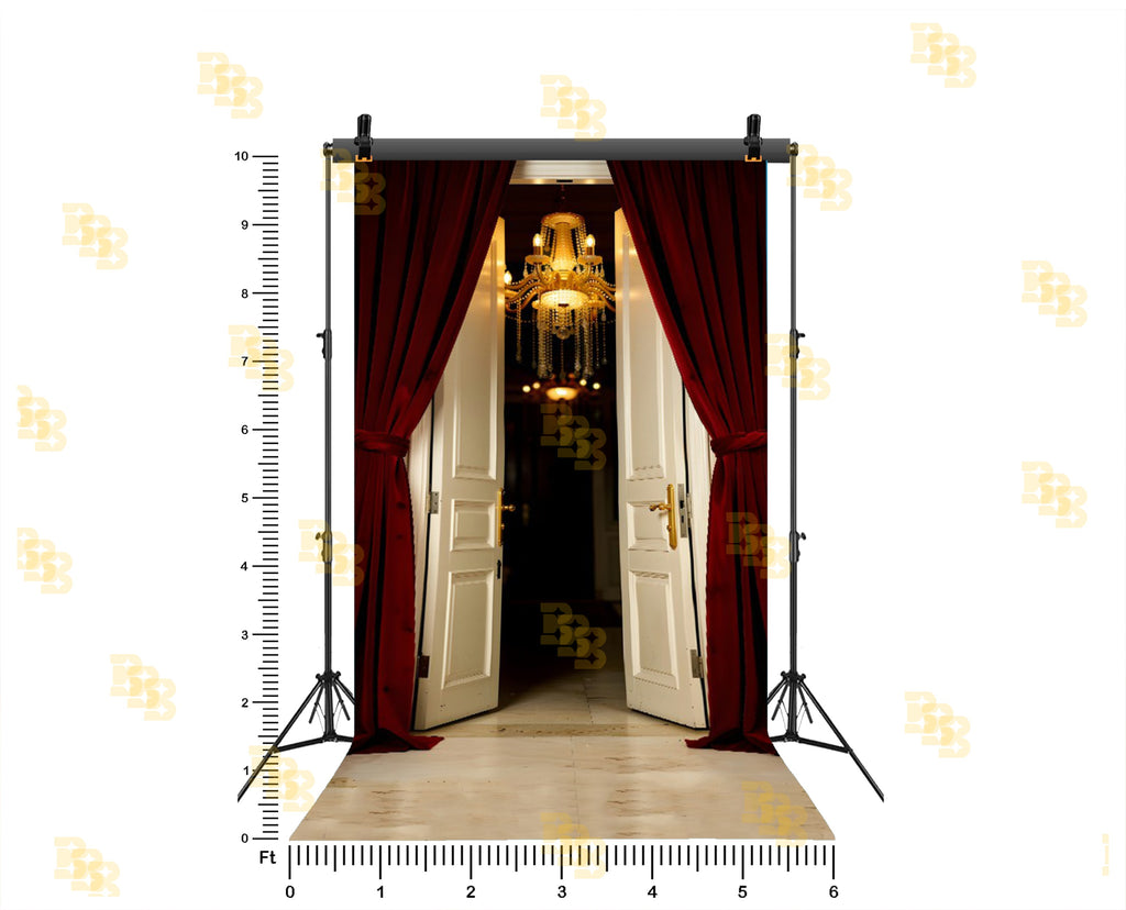 LUXURY OPEN DOOR WITH RED CURTAINS AND CHANDELIER BACKDROP FOR BOUTIQUE & MODELING PHOTOGRAPHY