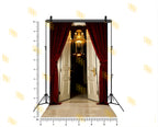 LUXURY OPEN DOOR WITH RED CURTAINS AND CHANDELIER BACKDROP FOR BOUTIQUE & MODELING PHOTOGRAPHY