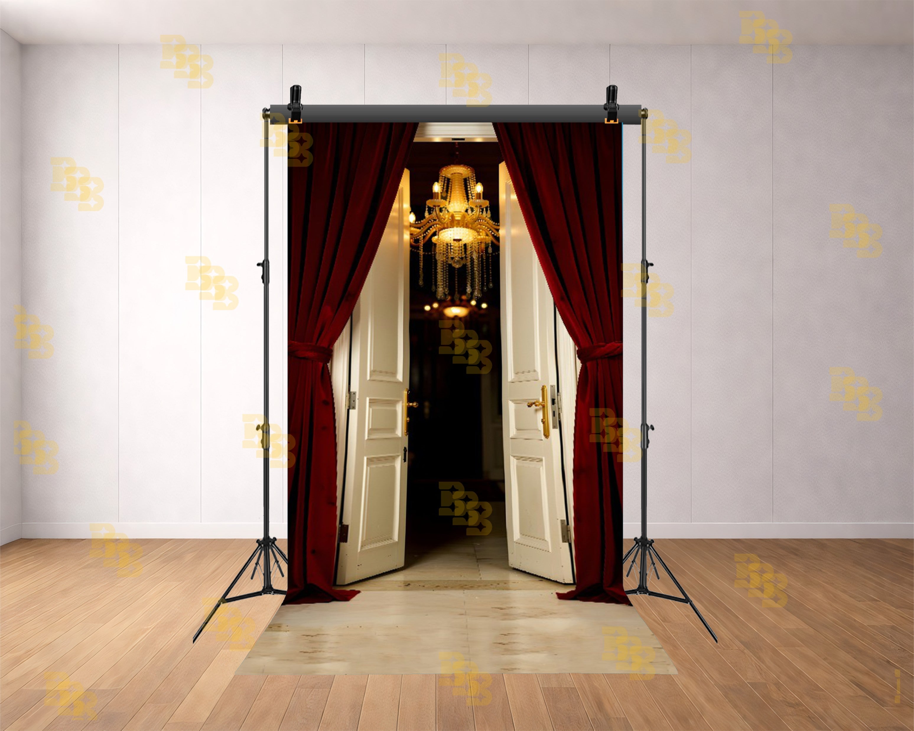 LUXURY OPEN DOOR WITH RED CURTAINS AND CHANDELIER BACKDROP FOR BOUTIQUE & MODELING PHOTOGRAPHY
