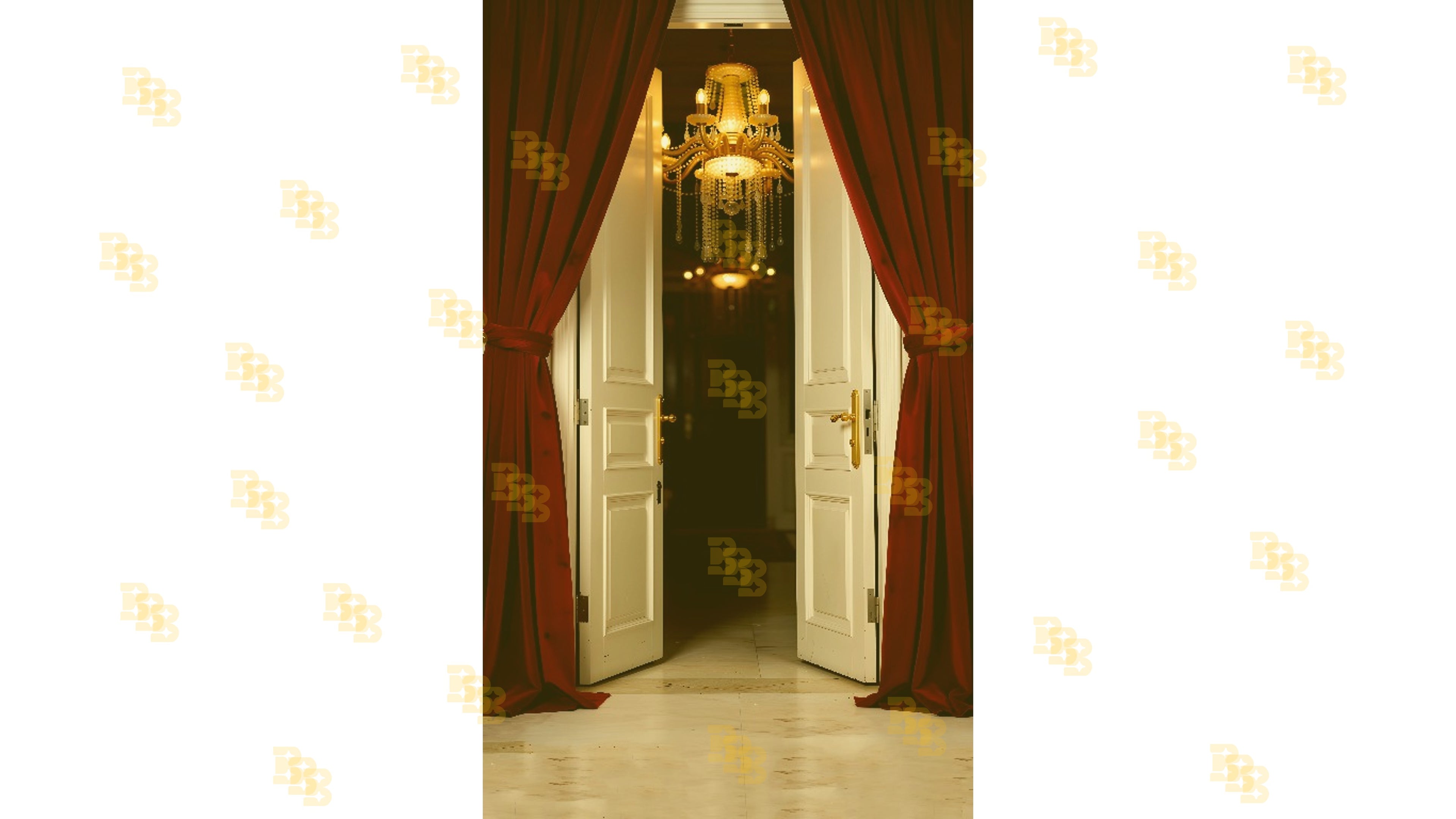 LUXURY OPEN DOOR WITH RED CURTAINS AND CHANDELIER BACKDROP FOR BOUTIQUE & MODELING PHOTOGRAPHY