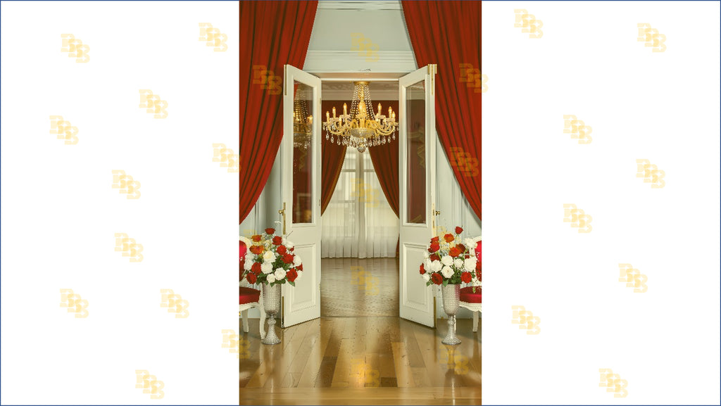 LUXURY OPEN GLASS DOOR WITH RED CURTAINS FOR USIGN BOUTIQUE & MODELING PHOTOGRAPHY