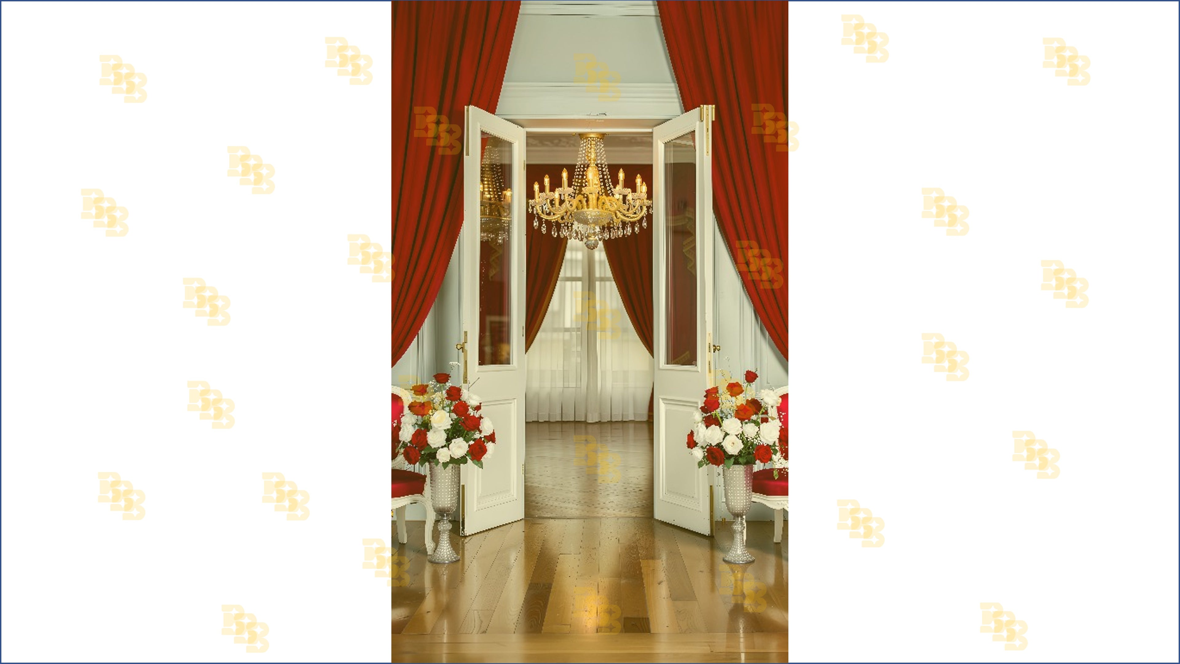 LUXURY OPEN GLASS DOOR WITH RED CURTAINS FOR USIGN BOUTIQUE & MODELING PHOTOGRAPHY