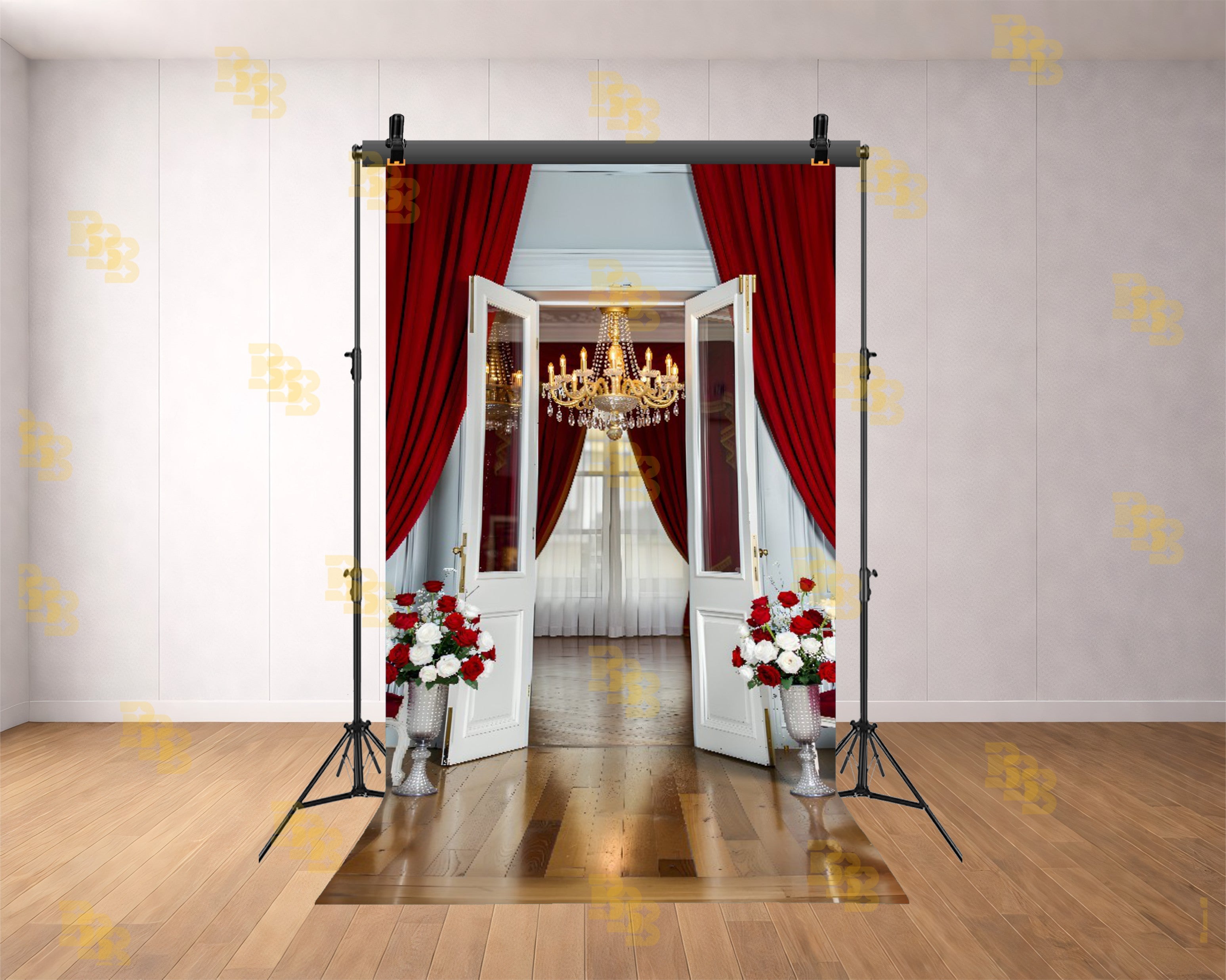 LUXURY OPEN GLASS DOOR WITH RED CURTAINS FOR USIGN BOUTIQUE & MODELING PHOTOGRAPHY