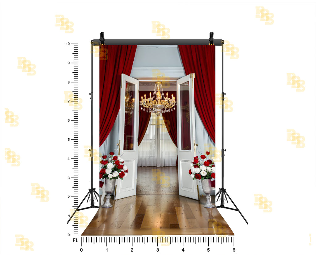 LUXURY OPEN GLASS DOOR WITH RED CURTAINS FOR USIGN BOUTIQUE & MODELING PHOTOGRAPHY