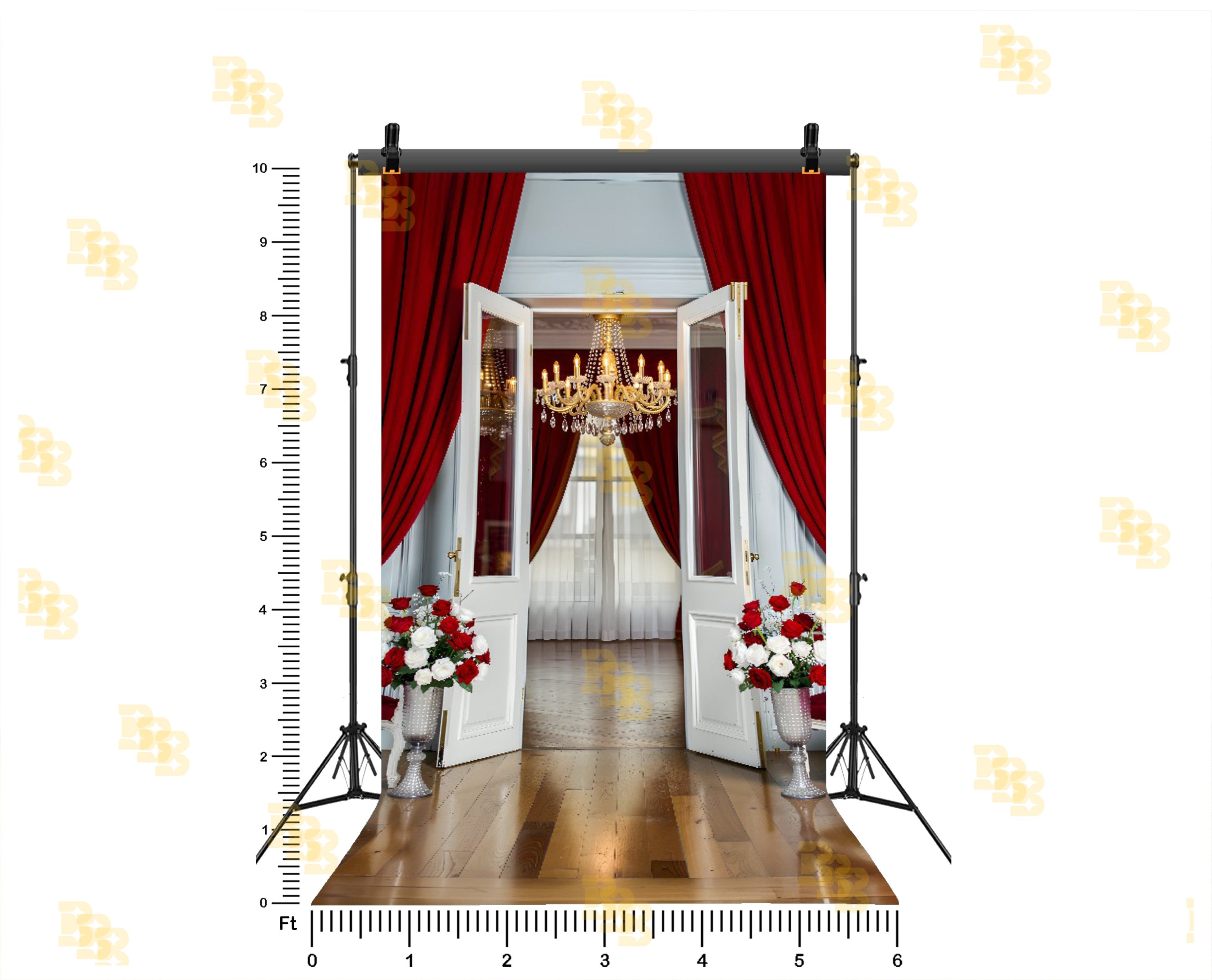 LUXURY OPEN GLASS DOOR WITH RED CURTAINS FOR USIGN BOUTIQUE & MODELING PHOTOGRAPHY