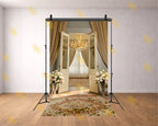 LUXURY GOLDEN CURTAIN OPEN DOOR WITH CHANDELIER BACKDROP FOR BOUTIQUE & MODELING PHOTOGRAPHY