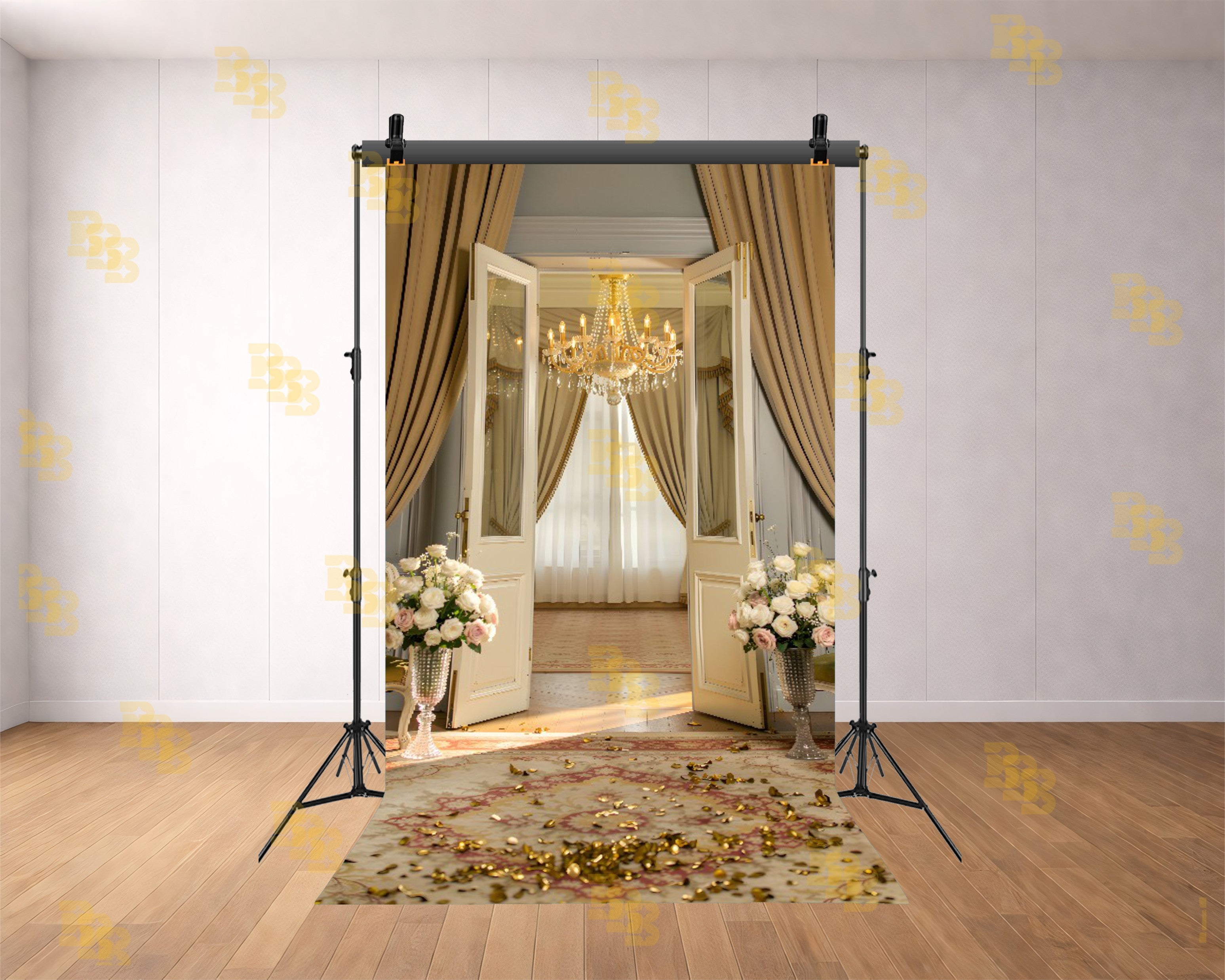 LUXURY GOLDEN CURTAIN OPEN DOOR WITH CHANDELIER BACKDROP FOR BOUTIQUE & MODELING PHOTOGRAPHY