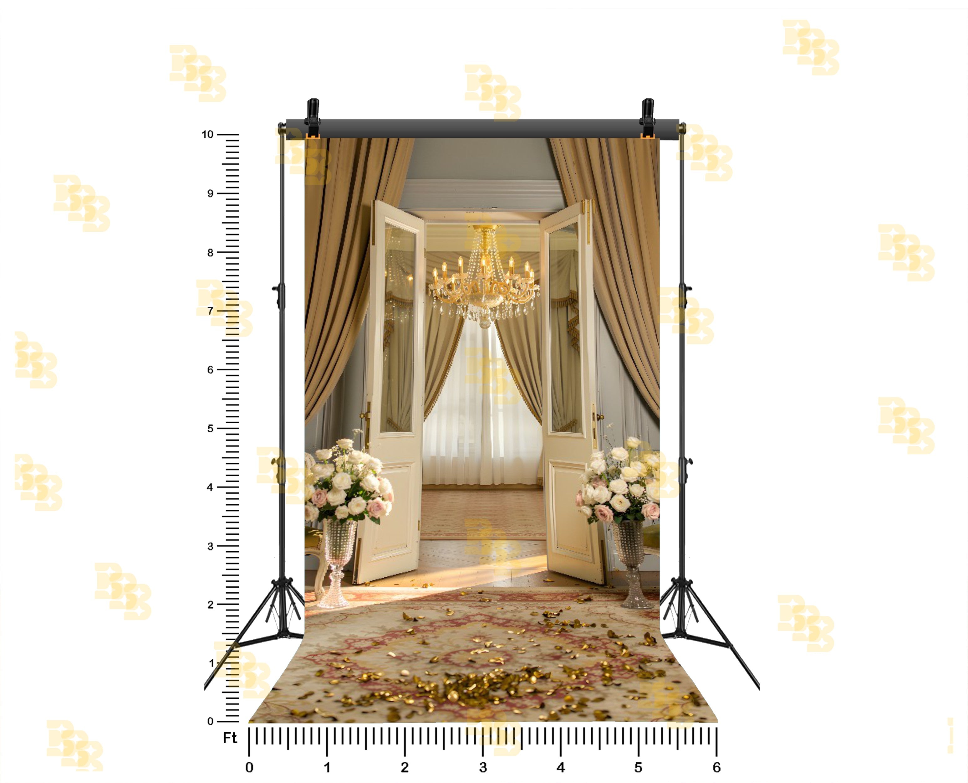 LUXURY GOLDEN CURTAIN OPEN DOOR WITH CHANDELIER BACKDROP FOR BOUTIQUE & MODELING PHOTOGRAPHY