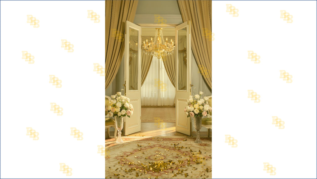LUXURY GOLDEN CURTAIN OPEN DOOR WITH CHANDELIER BACKDROP FOR BOUTIQUE & MODELING PHOTOGRAPHY