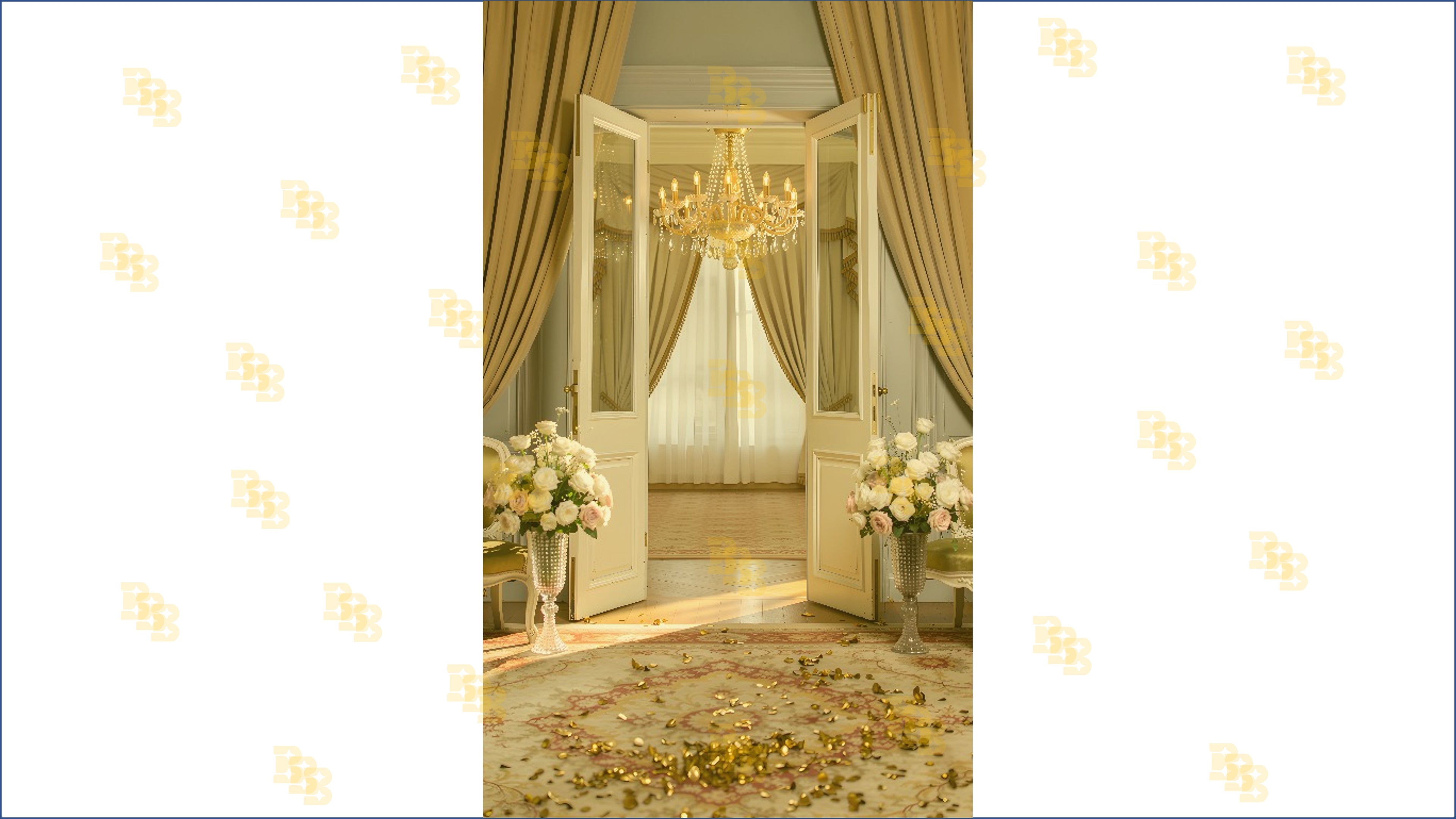 LUXURY GOLDEN CURTAIN OPEN DOOR WITH CHANDELIER BACKDROP FOR BOUTIQUE & MODELING PHOTOGRAPHY