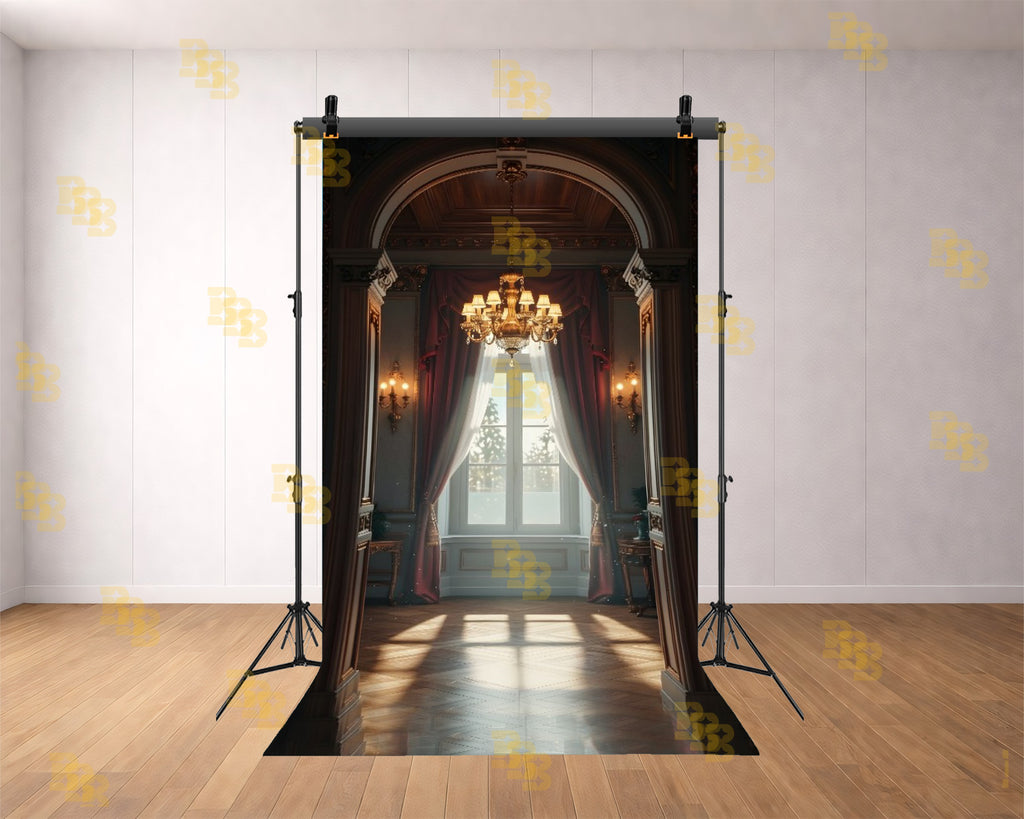 LUXURY ARCHWAY WINDOW WITH CHANDELIER AND CURTAINS BACKDROP FOR BOUTIQUE & MODELING PHOTOGRAPHY
