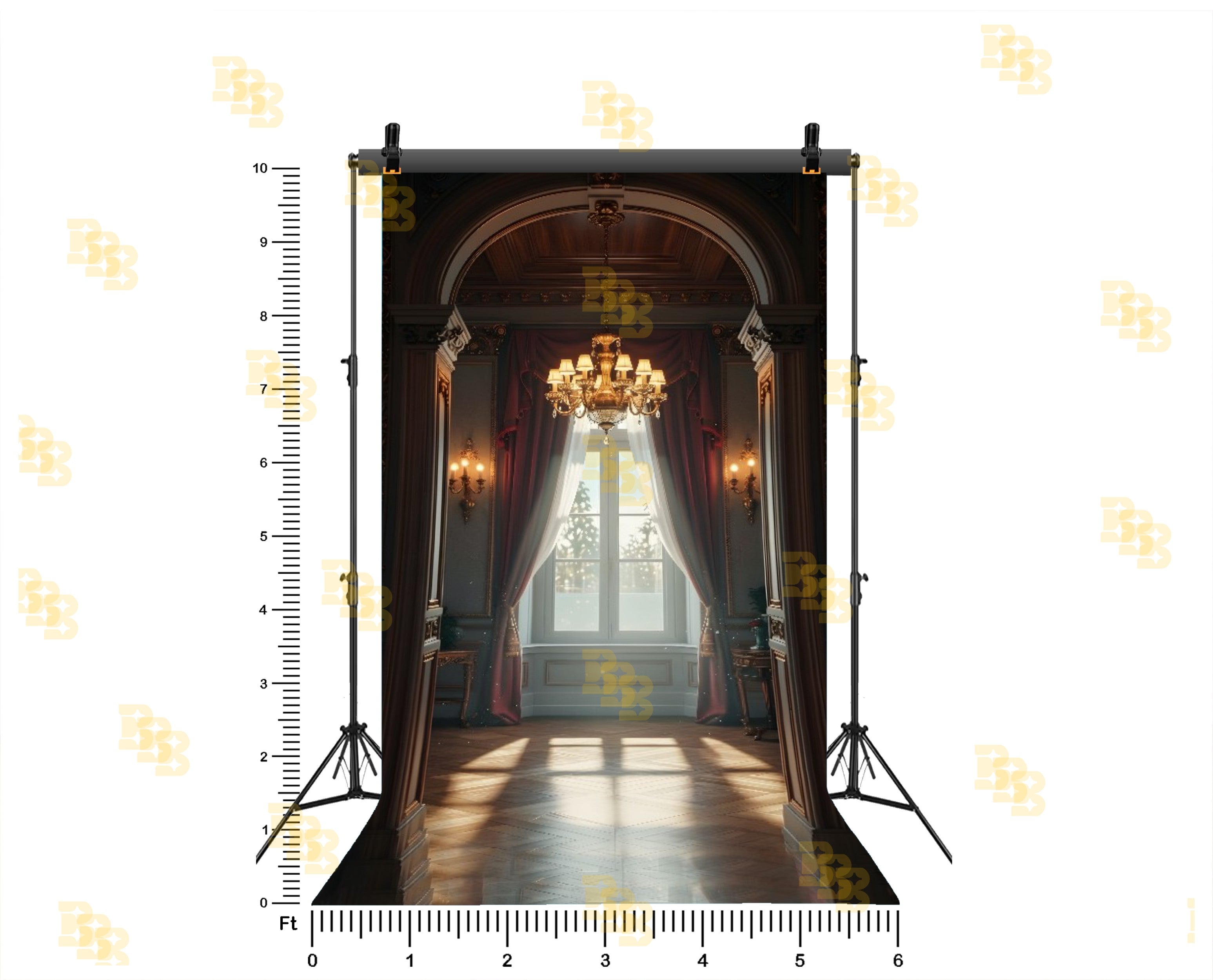 LUXURY ARCHWAY WINDOW WITH CHANDELIER AND CURTAINS BACKDROP FOR BOUTIQUE & MODELING PHOTOGRAPHY