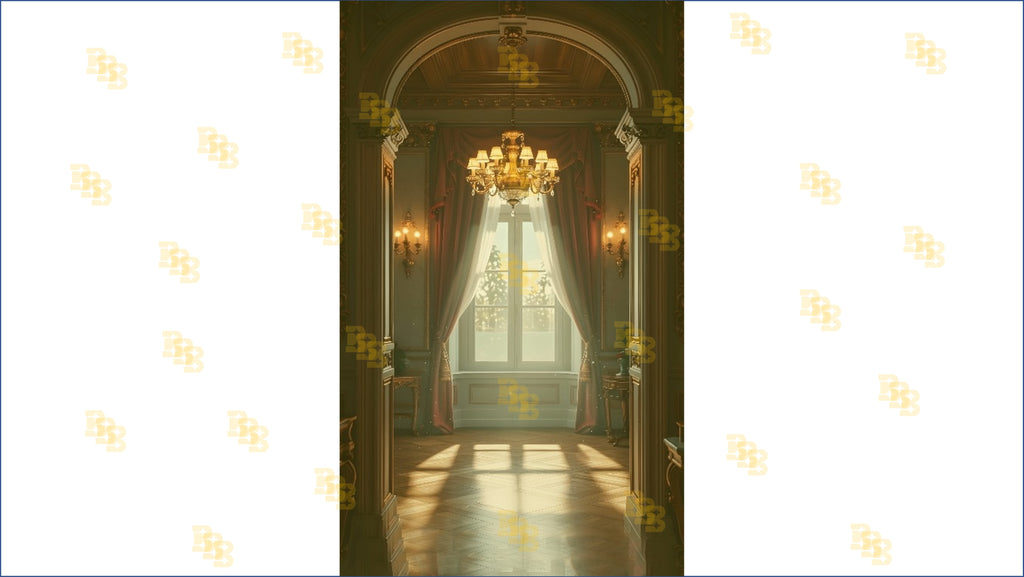 LUXURY ARCHWAY WINDOW WITH CHANDELIER AND CURTAINS BACKDROP FOR BOUTIQUE & MODELING PHOTOGRAPHY