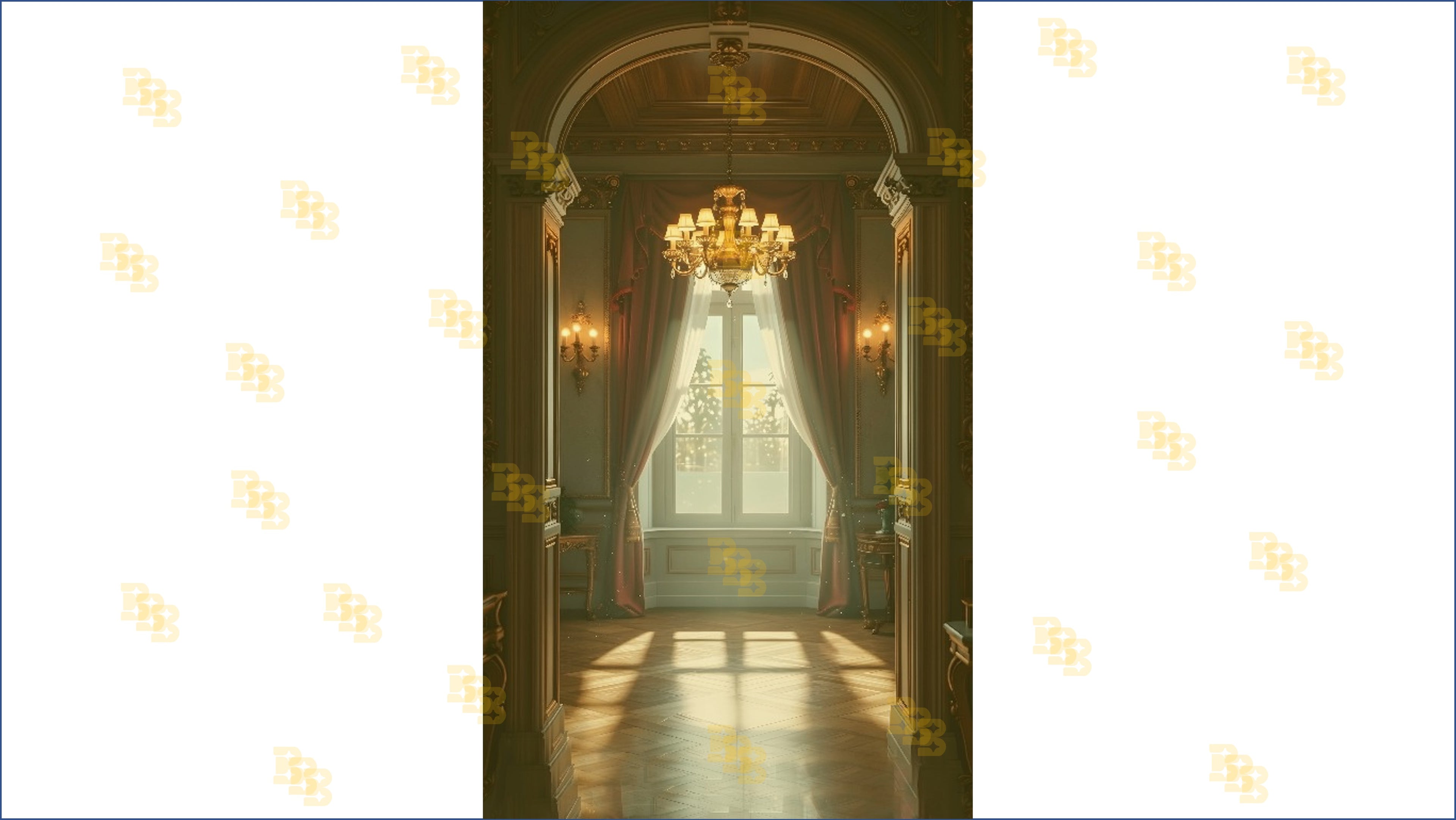 LUXURY ARCHWAY WINDOW WITH CHANDELIER AND CURTAINS BACKDROP FOR BOUTIQUE & MODELING PHOTOGRAPHY
