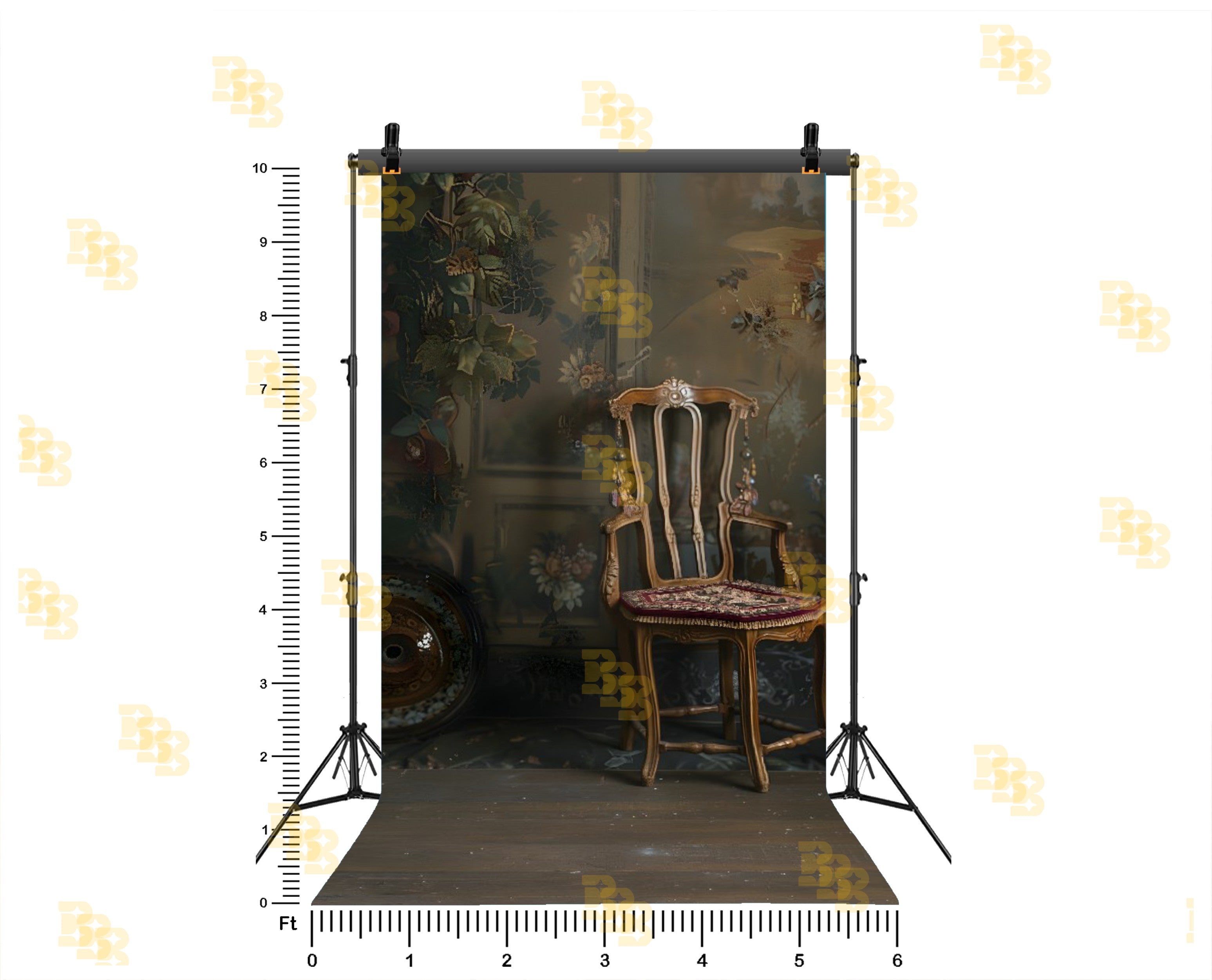 ROYAL VINTAGE CHAIR SETUP WITH FLORAL WALL AND SOFT LIGHT BACKDROP FOR BOUTIQUE & PORTRAIT PHOTOGRAPHY