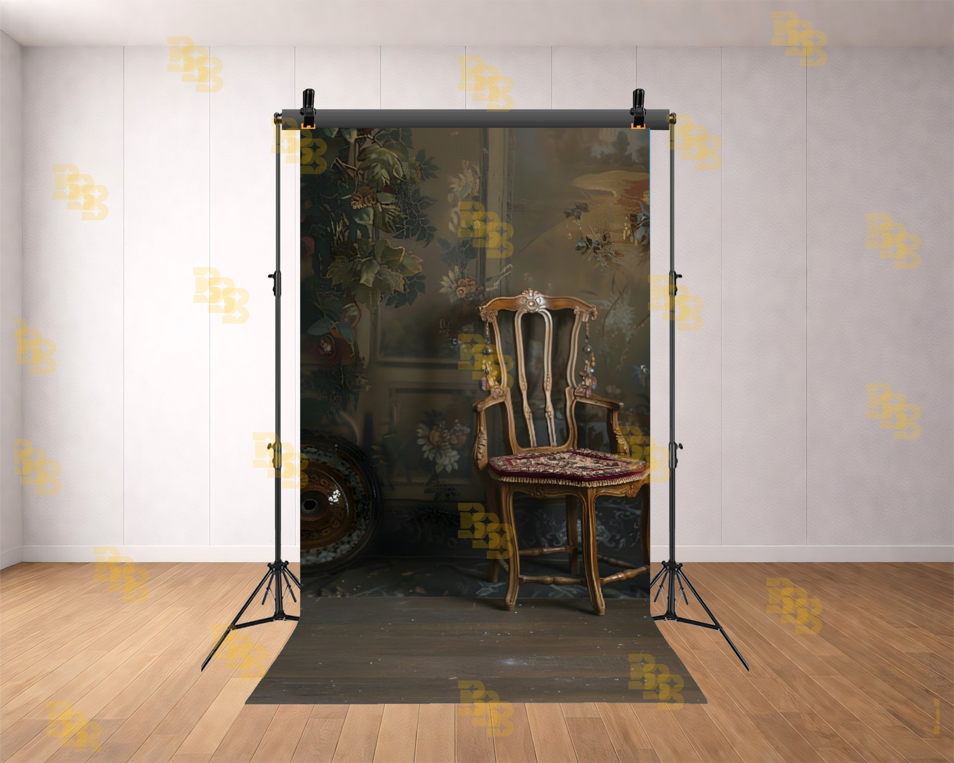 ROYAL VINTAGE CHAIR SETUP WITH FLORAL WALL AND SOFT LIGHT BACKDROP FOR BOUTIQUE & PORTRAIT PHOTOGRAPHY