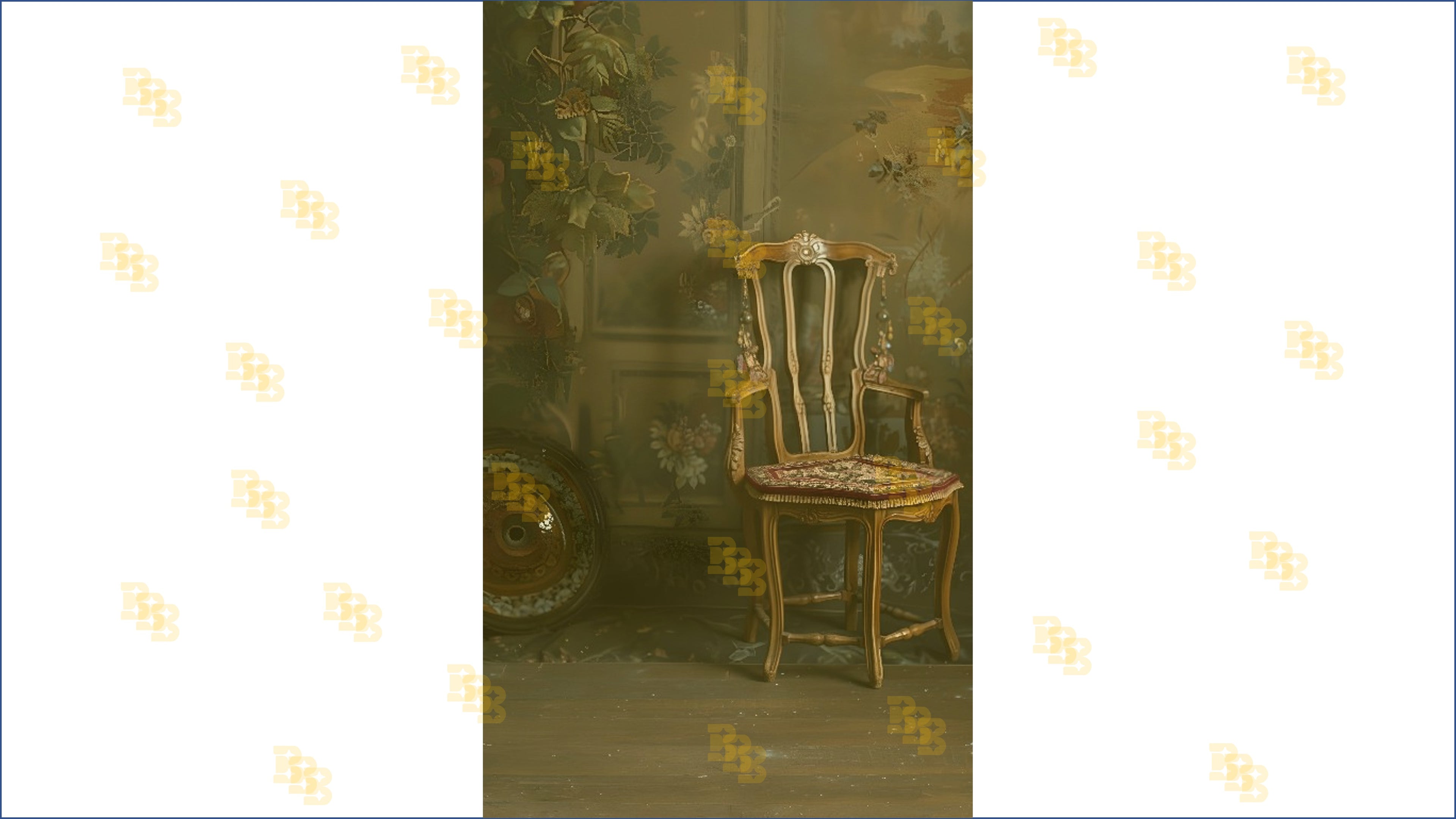 ROYAL VINTAGE CHAIR SETUP WITH FLORAL WALL AND SOFT LIGHT BACKDROP FOR BOUTIQUE & PORTRAIT PHOTOGRAPHY