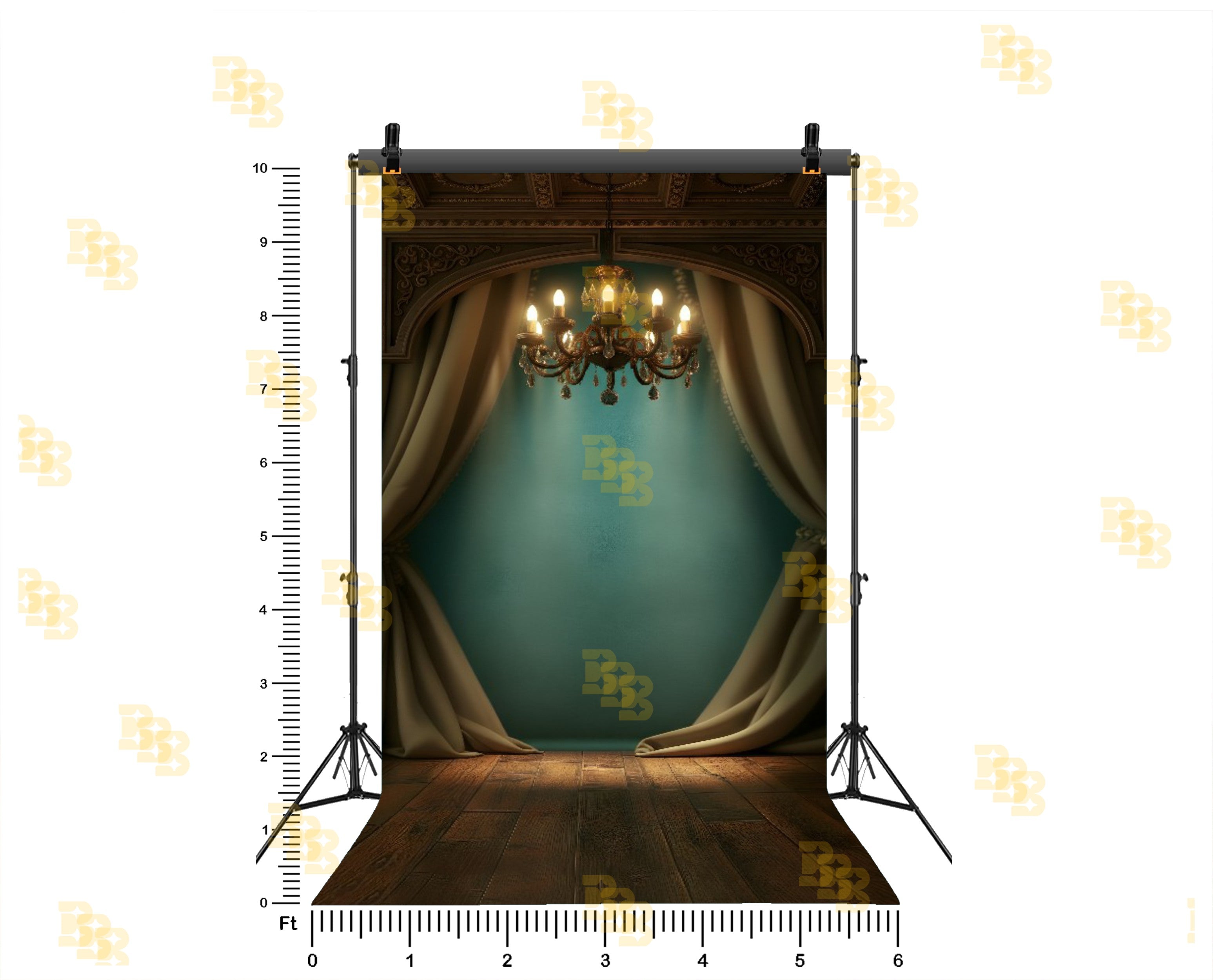 ROYAL ARCH STAGE WITH CURTAINS AND CHANDELIER LIGHT BACKDROP FOR BOUTIQUE & PORTRAIT PHOTOGRAPHY