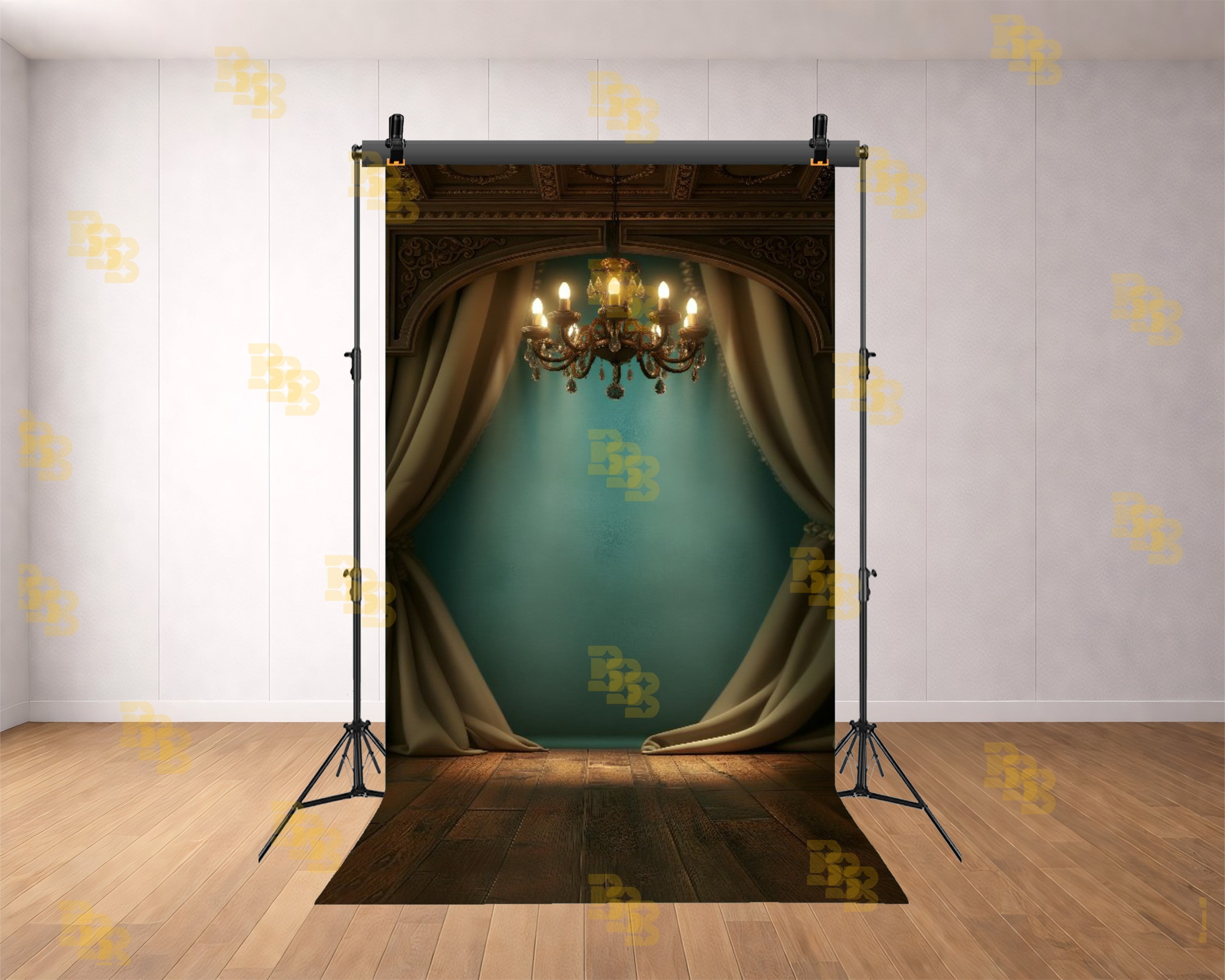 ROYAL ARCH STAGE WITH CURTAINS AND CHANDELIER LIGHT BACKDROP FOR BOUTIQUE & PORTRAIT PHOTOGRAPHY