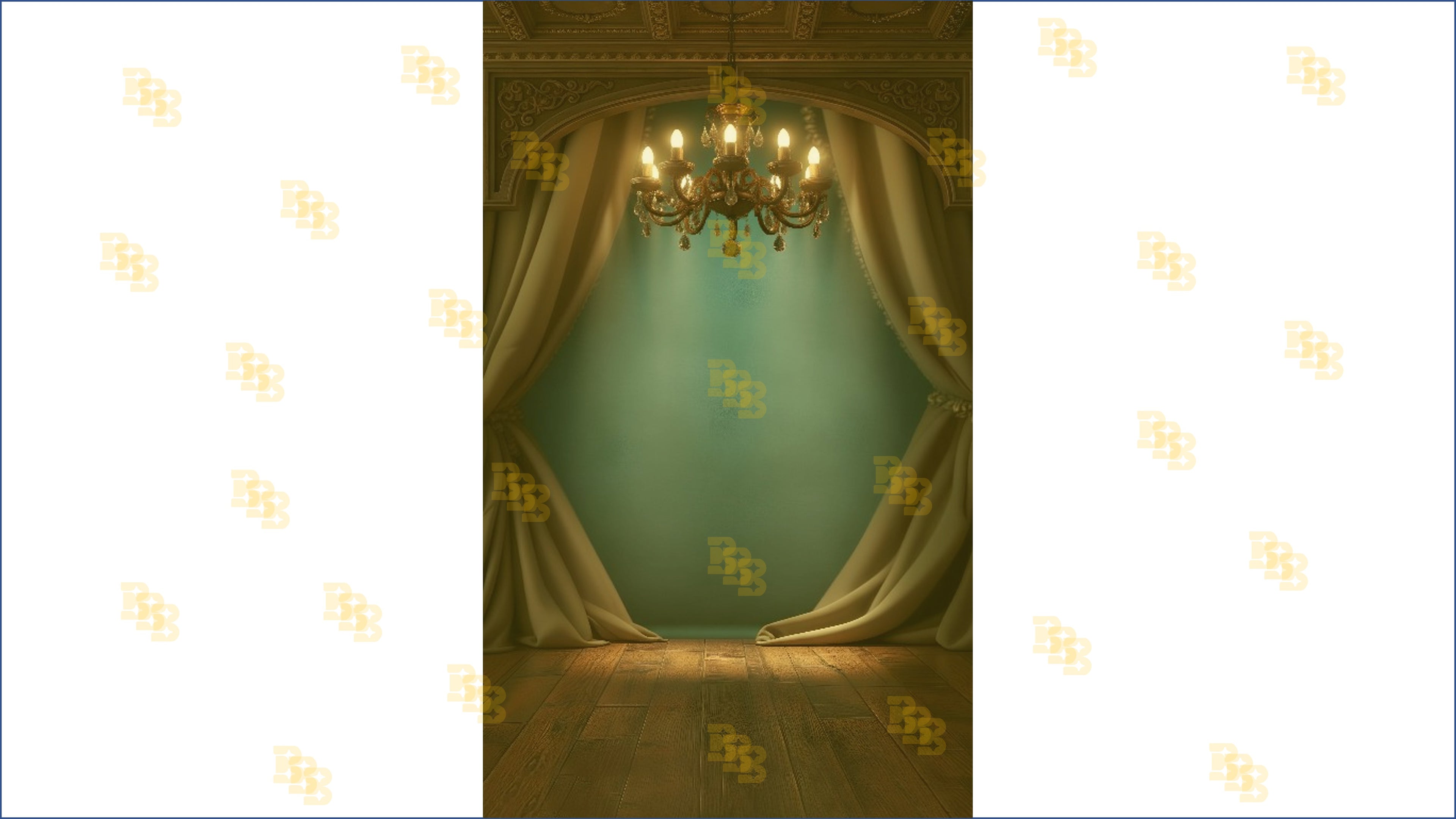 ROYAL ARCH STAGE WITH CURTAINS AND CHANDELIER LIGHT BACKDROP FOR BOUTIQUE & PORTRAIT PHOTOGRAPHY