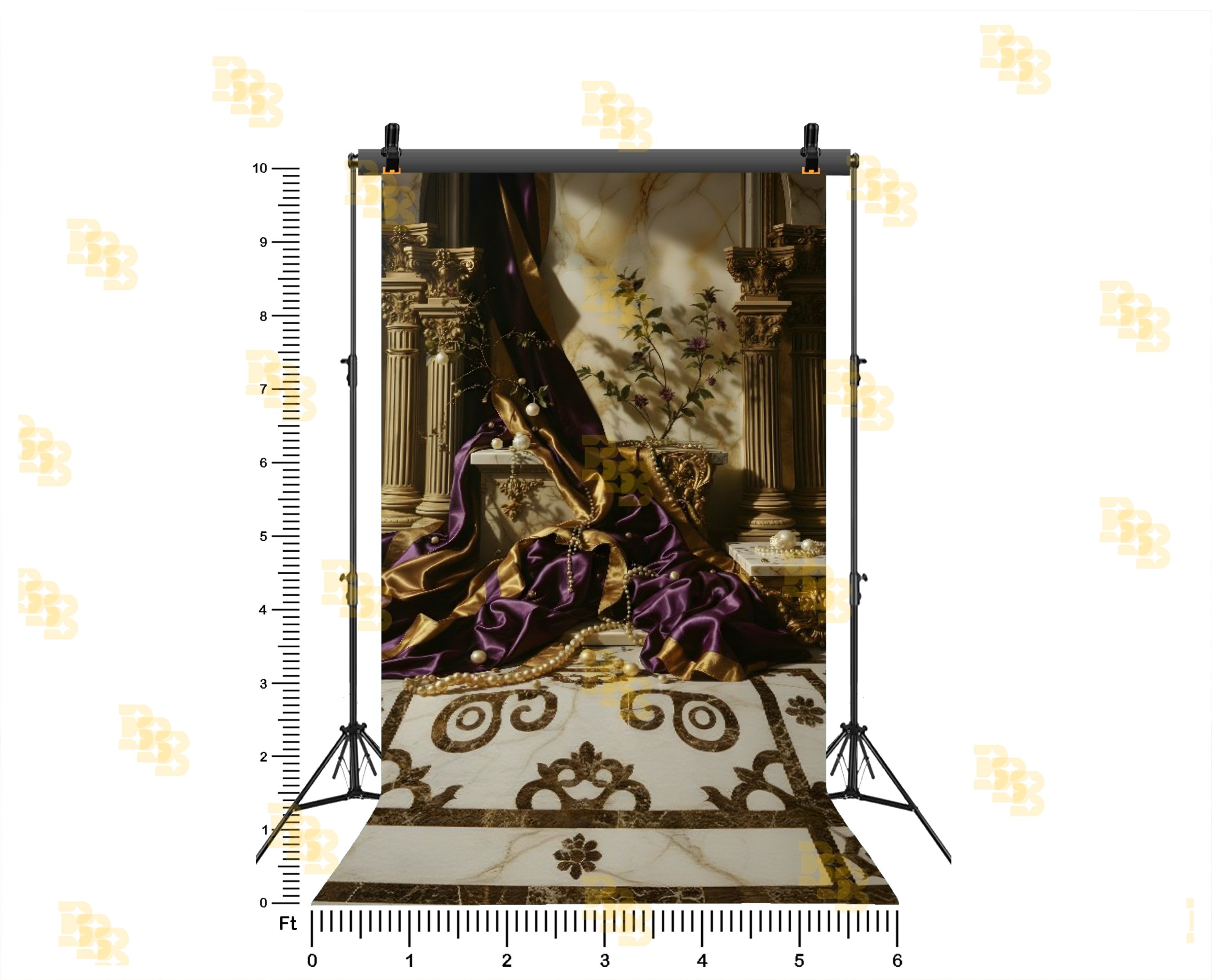 ROYAL MARBLE PALACE SETUP WITH DRAPES AND PEARL DECOR BACKDROP FOR BOUTIQUE & LUXURY PHOTOGRAPHY