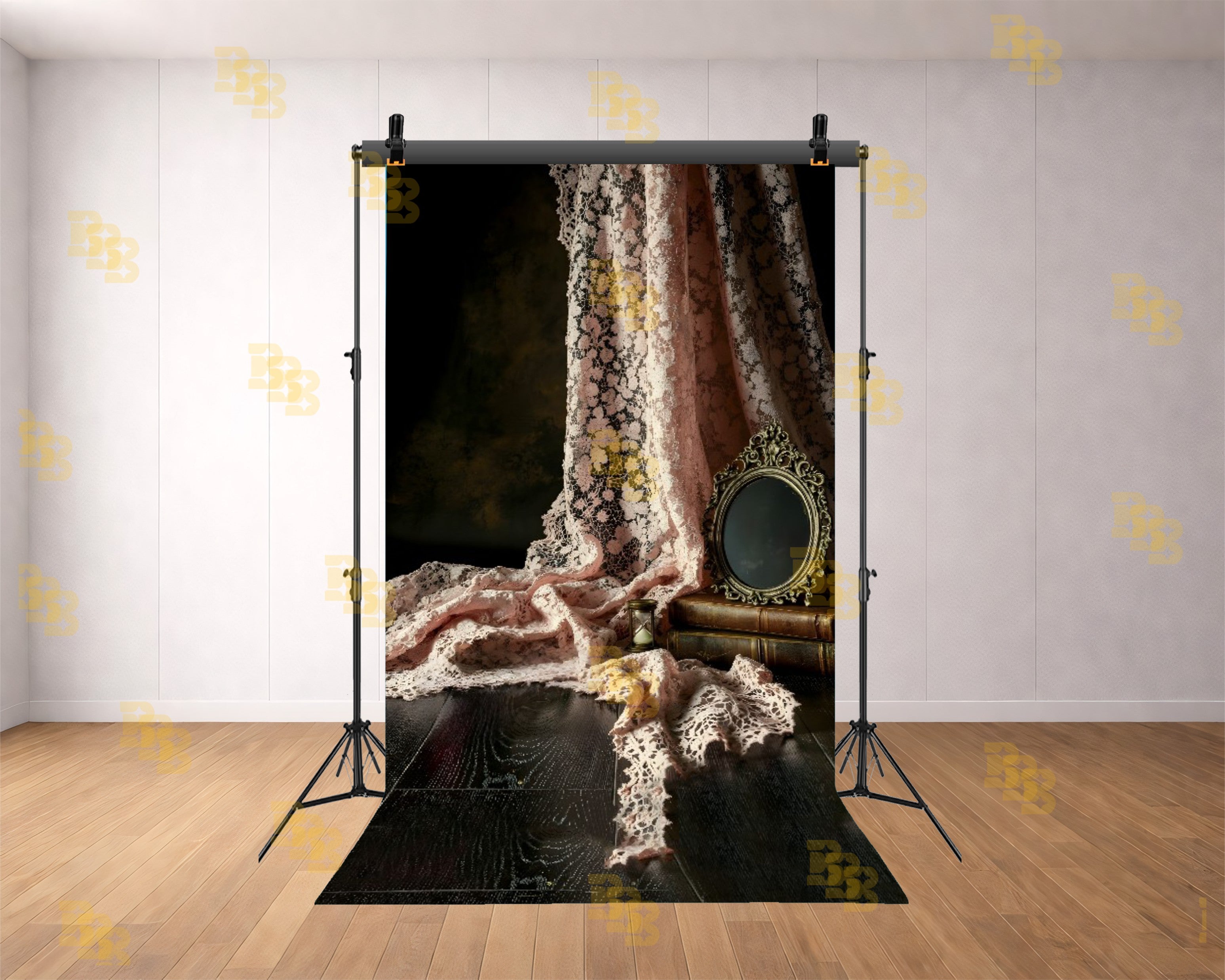 VINTAGE LACE DRAPE SETUP WITH MIRROR AND CLASSIC PROP BACKDROP FOR BOUTIQUE & PORTRAIT PHOTOGRAPHY