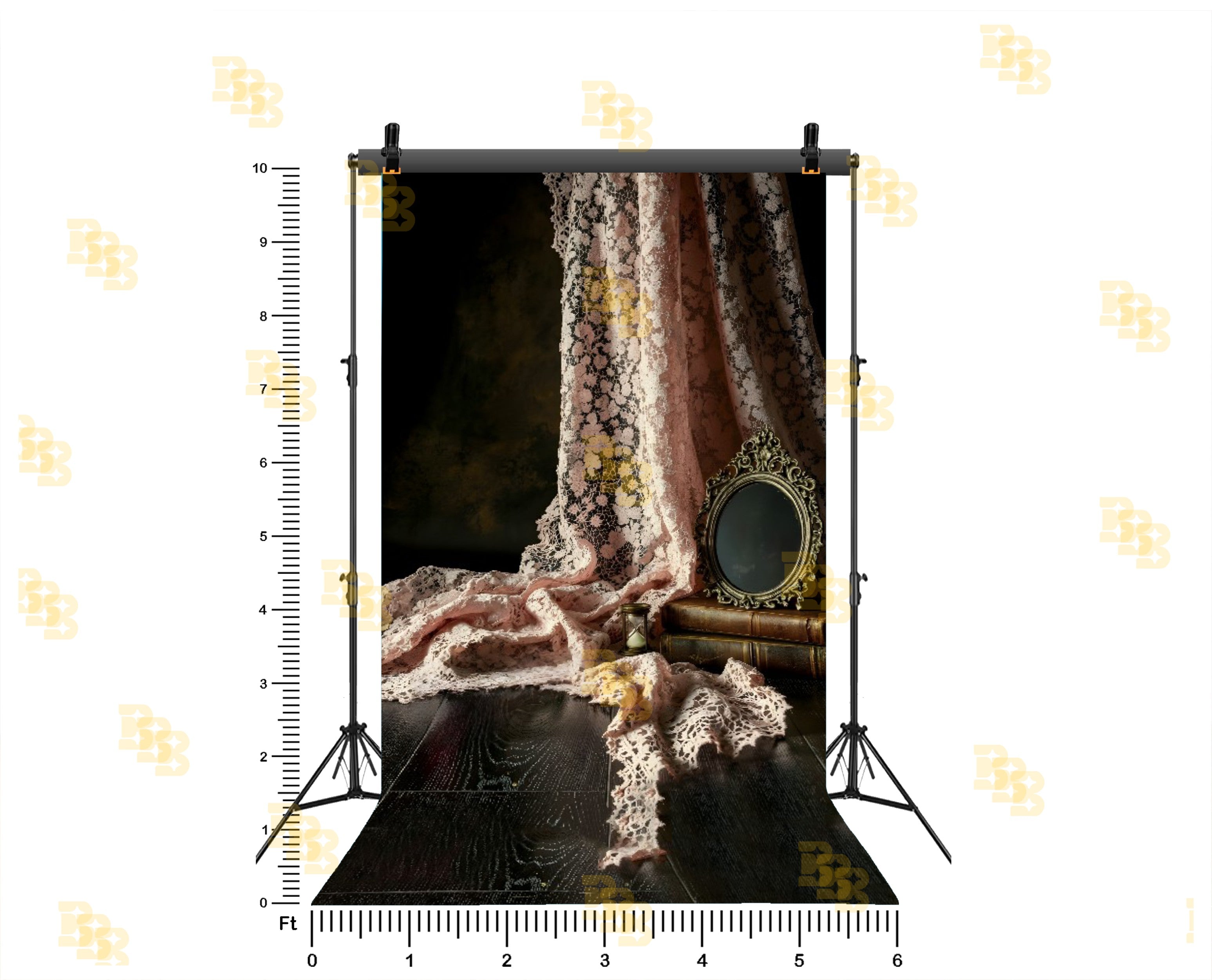 VINTAGE LACE DRAPE SETUP WITH MIRROR AND CLASSIC PROP BACKDROP FOR BOUTIQUE & PORTRAIT PHOTOGRAPHY