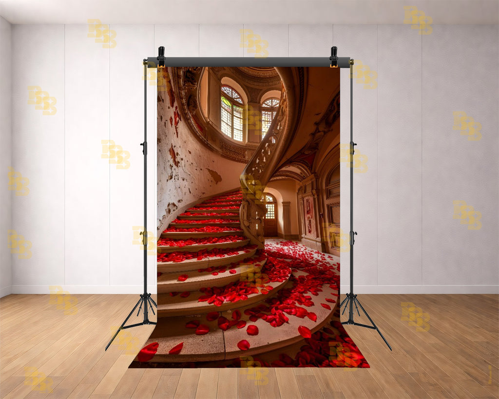 ROYAL SPIRAL STAIRCASE WITH ROSE PETALS PALACE INTERIOR BACKDROP FOR WEDDING & PORTRAIT PHOTOGRAPHY