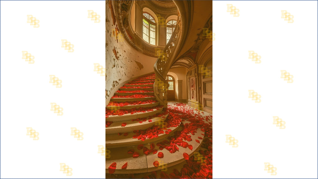ROYAL SPIRAL STAIRCASE WITH ROSE PETALS PALACE INTERIOR BACKDROP FOR WEDDING & PORTRAIT PHOTOGRAPHY