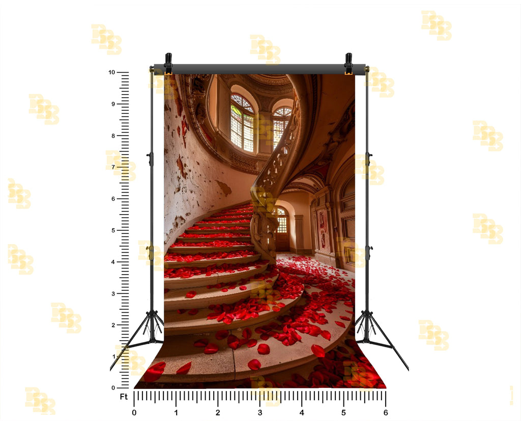 ROYAL SPIRAL STAIRCASE WITH ROSE PETALS PALACE INTERIOR BACKDROP FOR WEDDING & PORTRAIT PHOTOGRAPHY