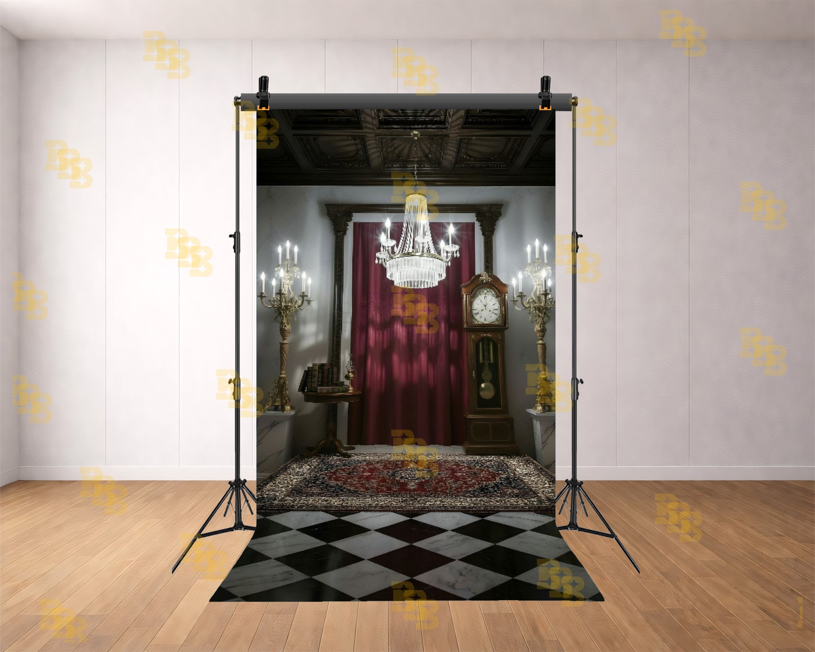ROYAL VINTAGE ROOM WITH RED CURTAIN CHANDELIER AND GRANDFATHER CLOCK BACKDROP FOR BOUTIQUE & PORTRAIT PHOTOGRAPHY