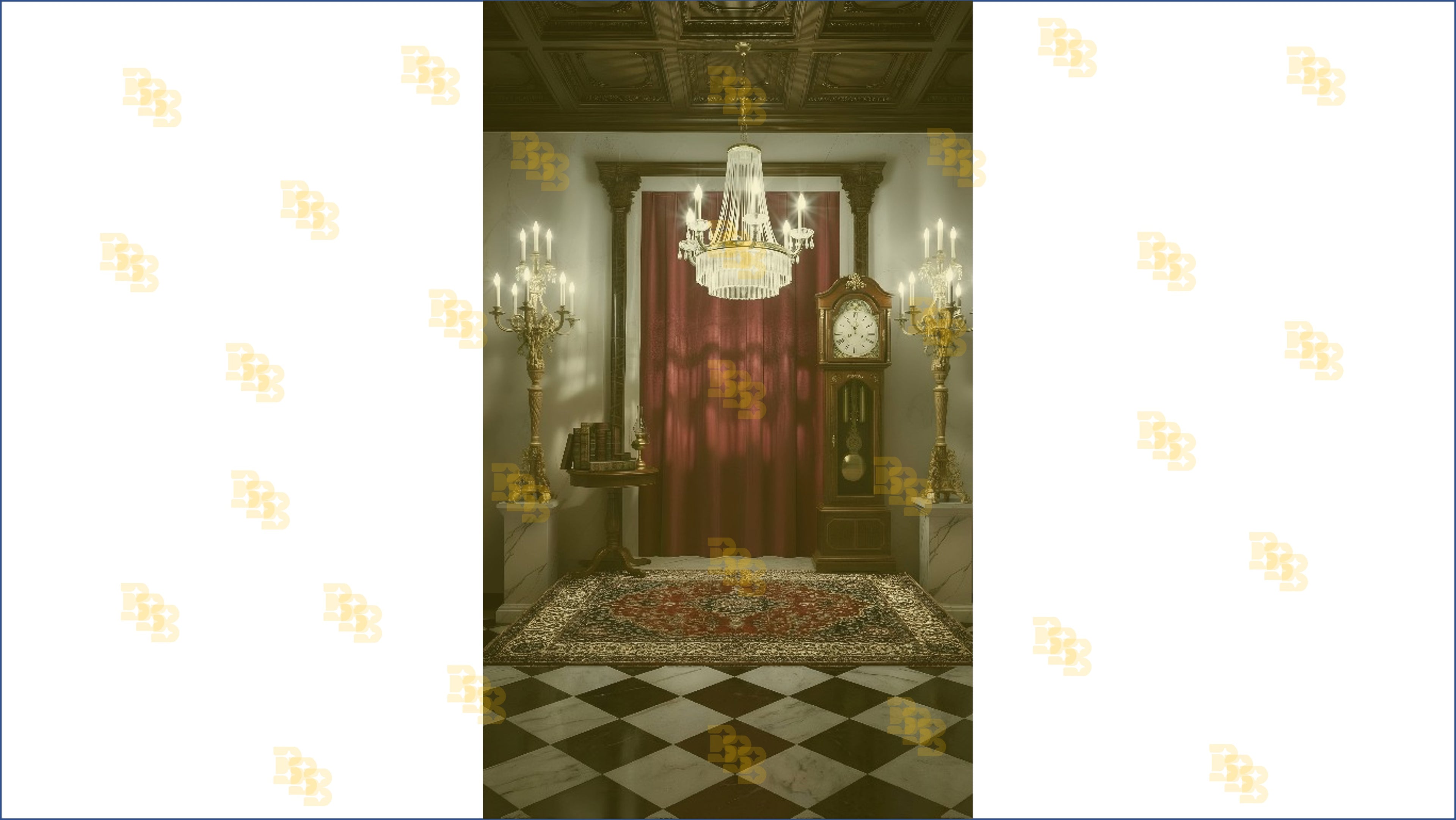 ROYAL VINTAGE ROOM WITH RED CURTAIN CHANDELIER AND GRANDFATHER CLOCK BACKDROP FOR BOUTIQUE & PORTRAIT PHOTOGRAPHY