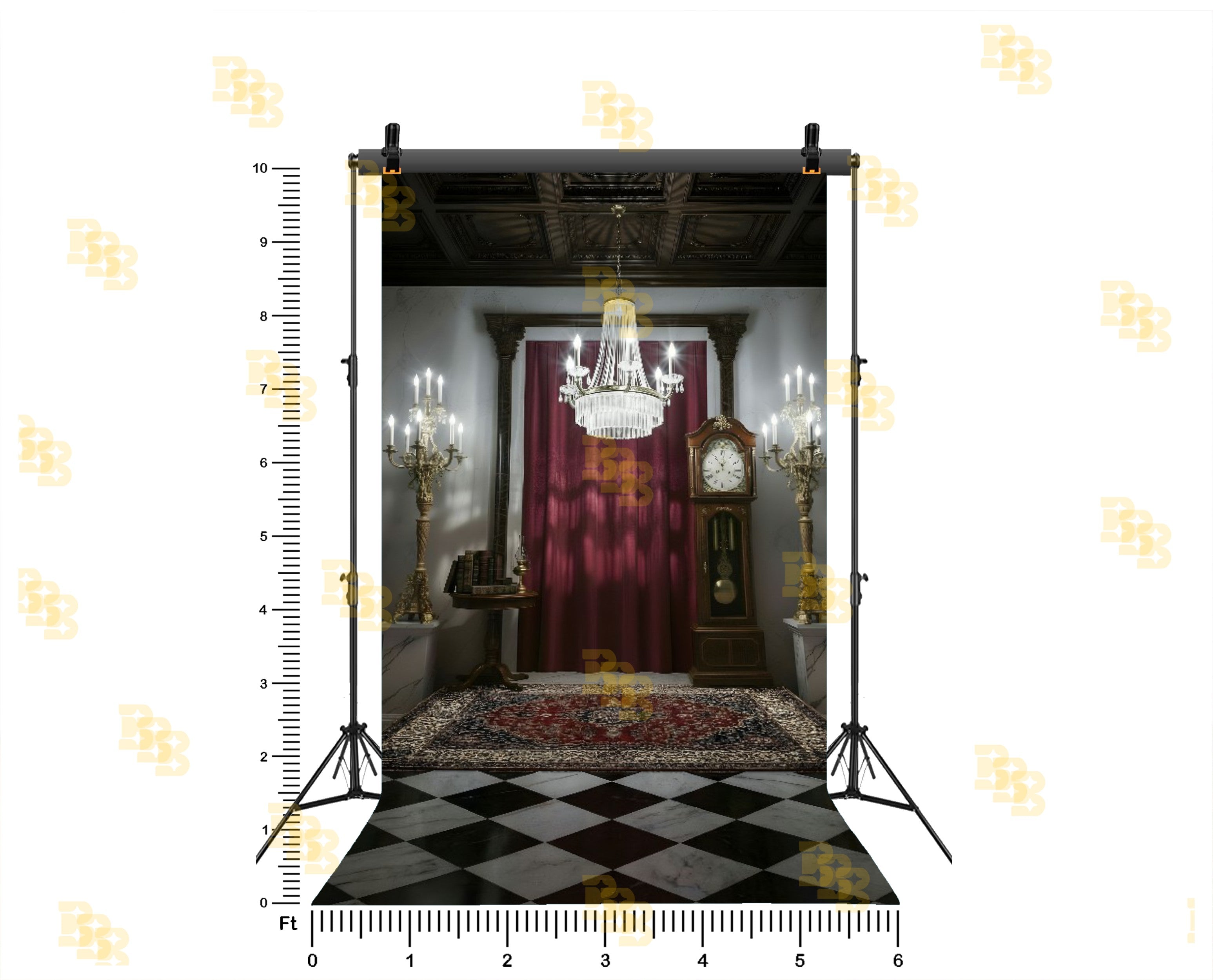 ROYAL VINTAGE ROOM WITH RED CURTAIN CHANDELIER AND GRANDFATHER CLOCK BACKDROP FOR BOUTIQUE & PORTRAIT PHOTOGRAPHY