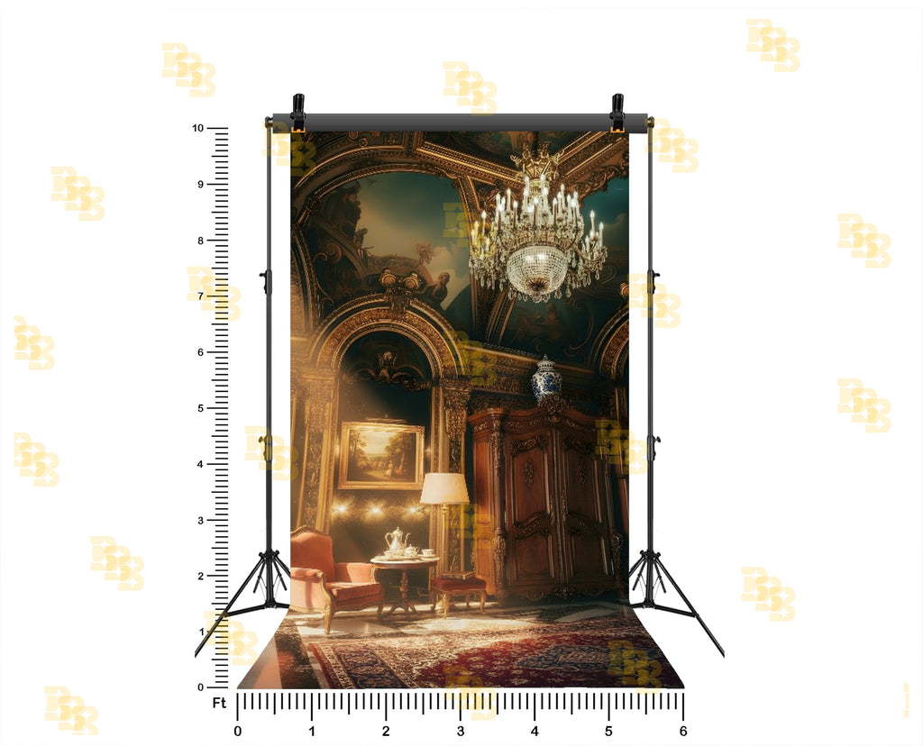 ROYAL PALACE INTERIOR WITH CHANDELIER AND LUXURY FURNITURE BACKDROP FOR BOUTIQUE & PORTRAIT PHOTOGRAPHY