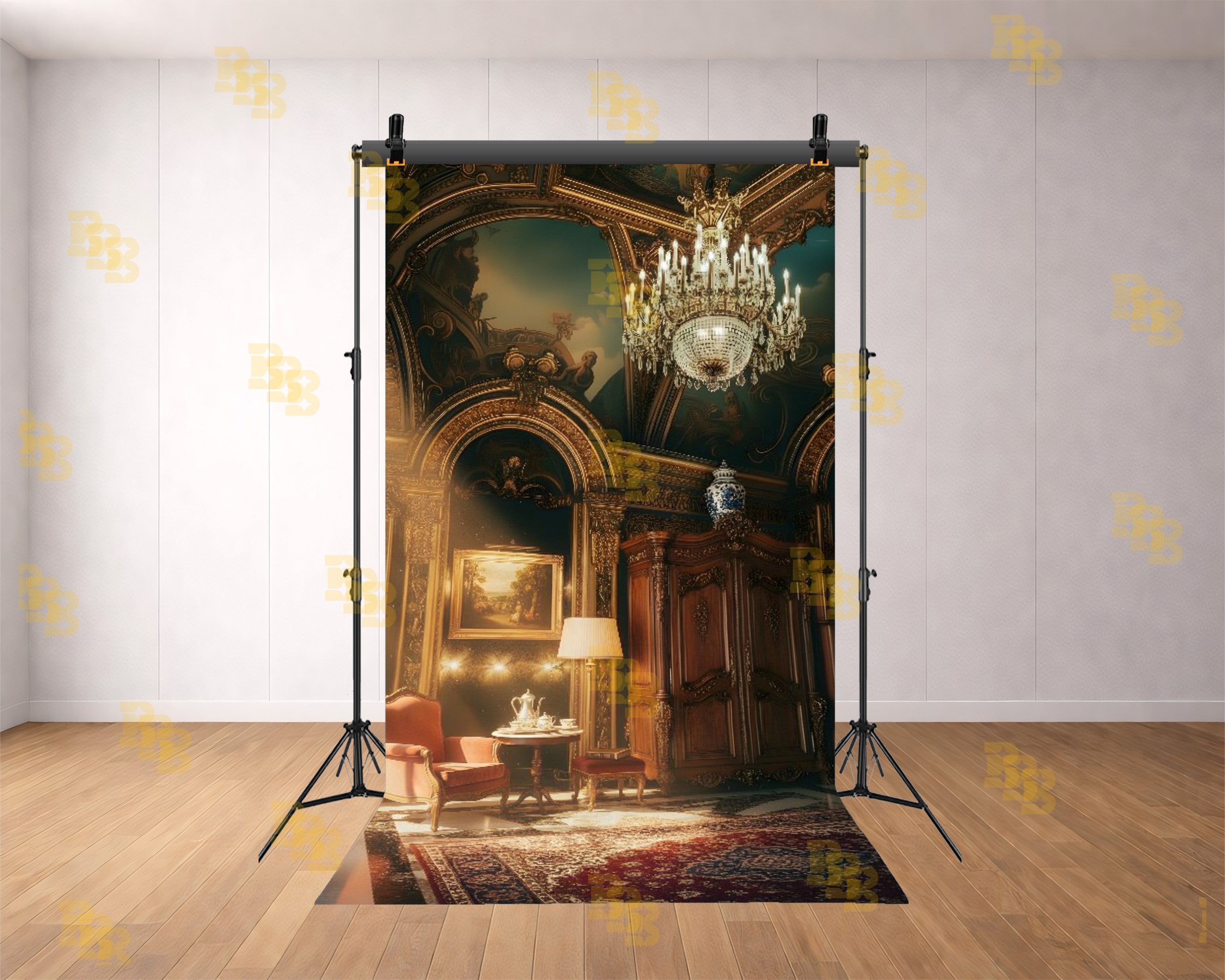 ROYAL PALACE INTERIOR WITH CHANDELIER AND LUXURY FURNITURE BACKDROP FOR BOUTIQUE & PORTRAIT PHOTOGRAPHY