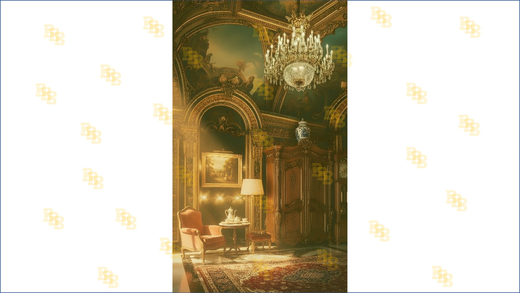 ROYAL PALACE INTERIOR WITH CHANDELIER AND LUXURY FURNITURE BACKDROP FOR BOUTIQUE & PORTRAIT PHOTOGRAPHY