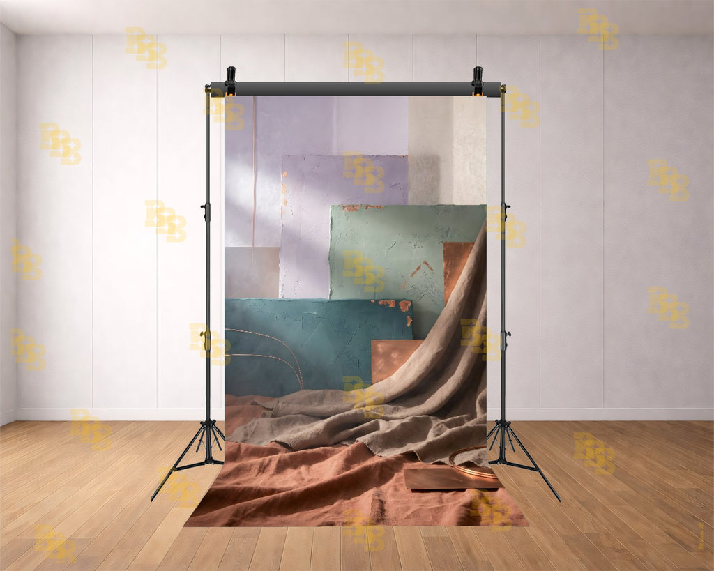 MODERN ABSTRACT TEXTURED PANEL SETUP WITH DRAPED FABRIC BACKDROP FOR PRODUCT & CONTENT PHOTOGRAPHY