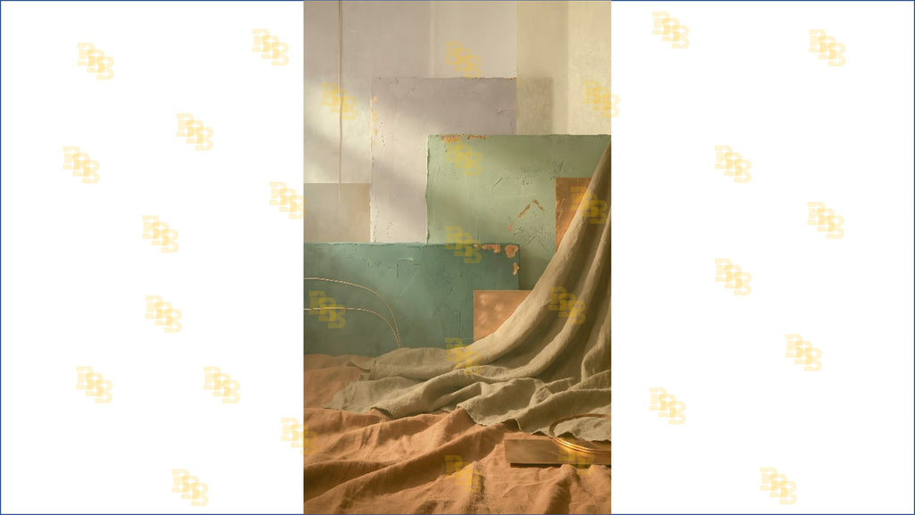 MODERN ABSTRACT TEXTURED PANEL SETUP WITH DRAPED FABRIC BACKDROP FOR PRODUCT & CONTENT PHOTOGRAPHY