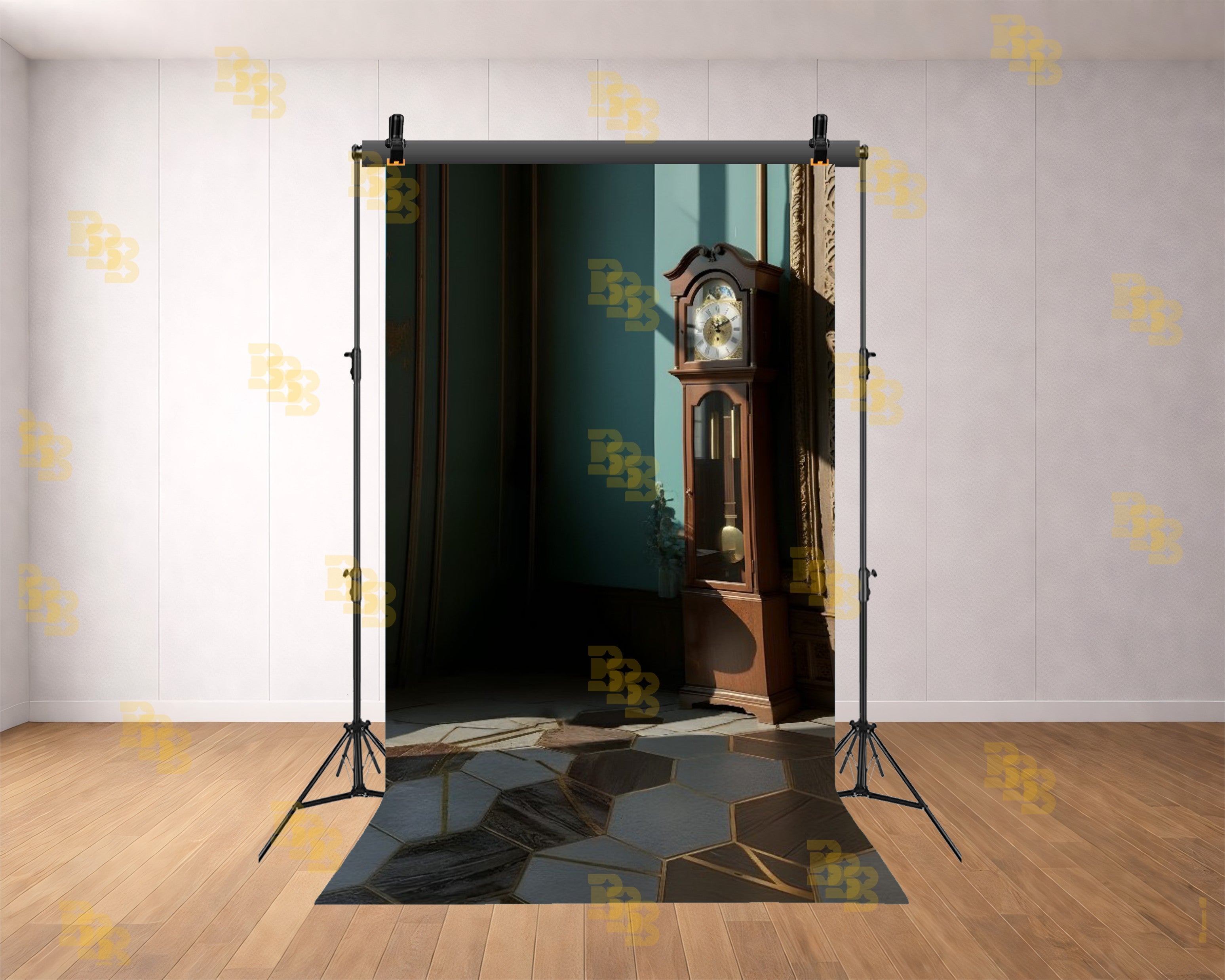 ROYAL MINIMAL INTERIOR WITH GRANDFATHER CLOCK AND SOFT LIGHT BACKDROP FOR PORTRAIT & EDITORIAL PHOTOGRAPHY