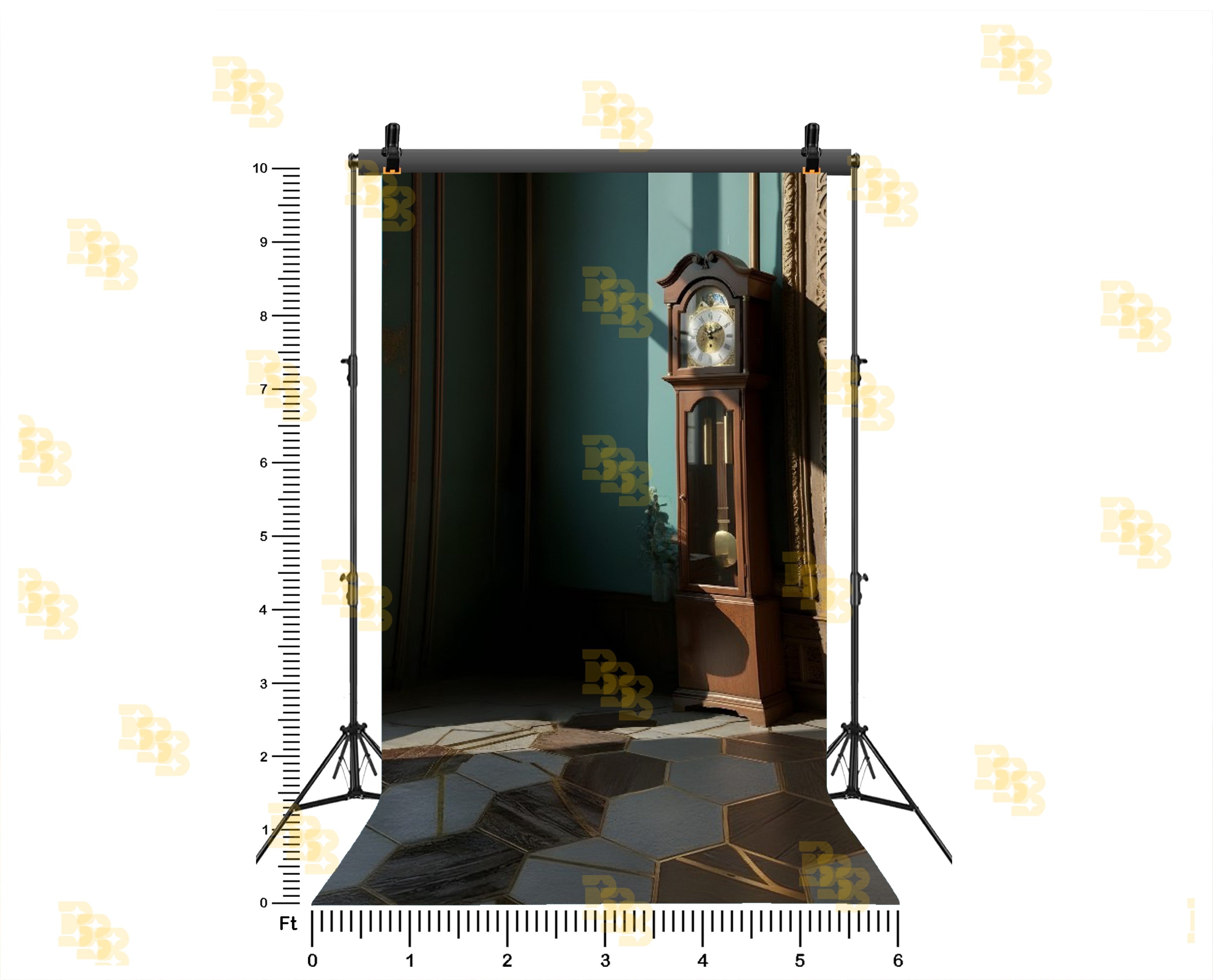 ROYAL MINIMAL INTERIOR WITH GRANDFATHER CLOCK AND SOFT LIGHT BACKDROP FOR PORTRAIT & EDITORIAL PHOTOGRAPHY